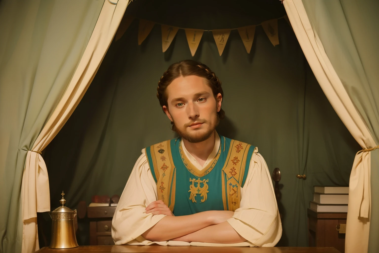 1152, Kingsbridge, England. Otherworldly scene in a medieval tent, ((((31-year-old)) Levi Miller)), crossed arms, smug expression, ((((tunic from the 12th century)))), ((Hairstyle of the 12th century)), ((Wes Anderson cinematic style)), colorful