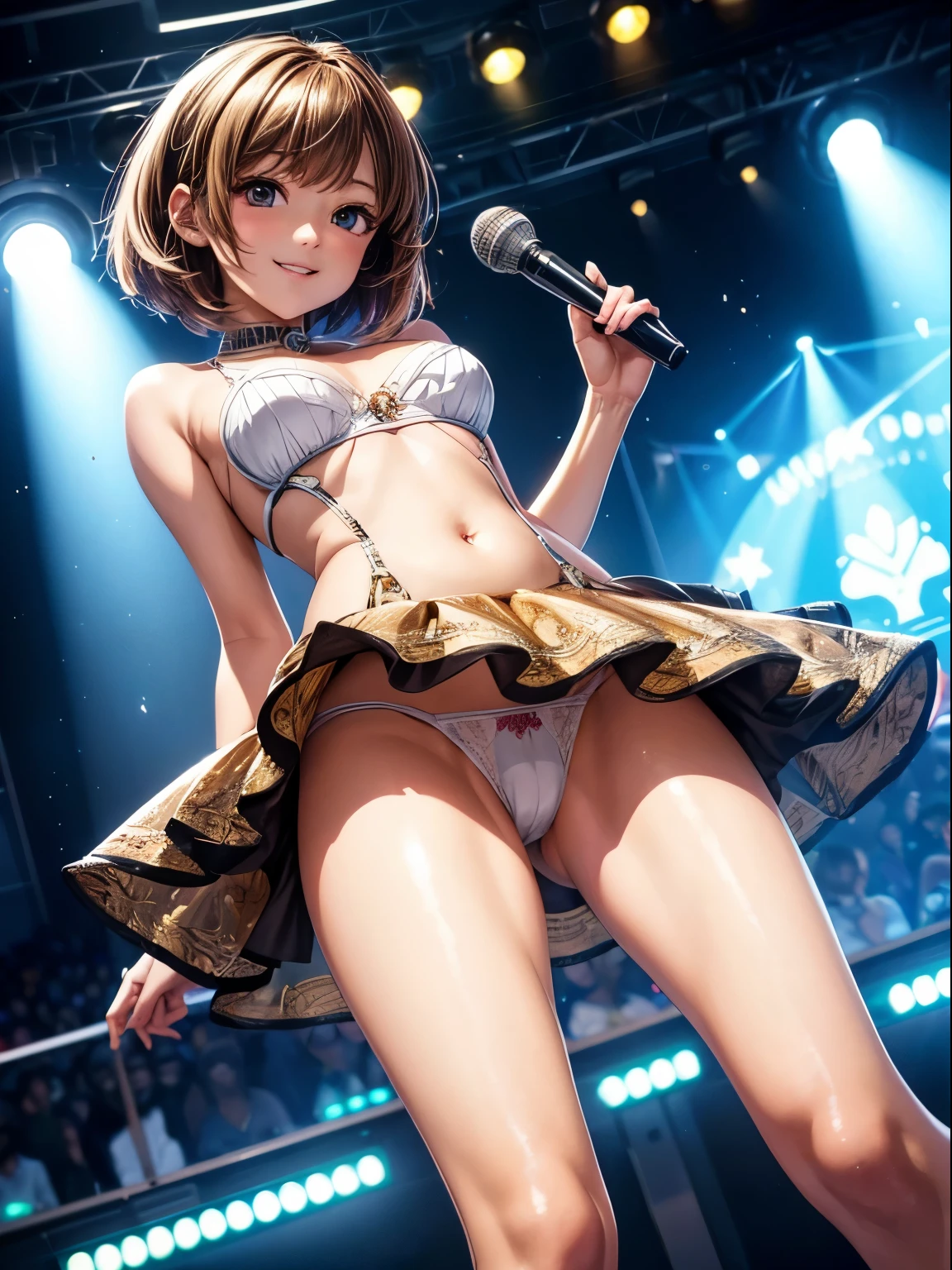 ((masterpiece)), ((best quality)), (ultra-detailed), ((extremely detailed)), 4K, (8K), best quality, (beautiful), anime style, full body, focus on the face, full body focus, from below, Live performance venue, a cute girl, 1girl, solo, idol, (panty shot:1.2), young entertainer, beautiful light brown hair, beautiful brown eyes, ((beautiful eyes)), short hair, light smile, shiny-glistening, gleaming,professional lighting