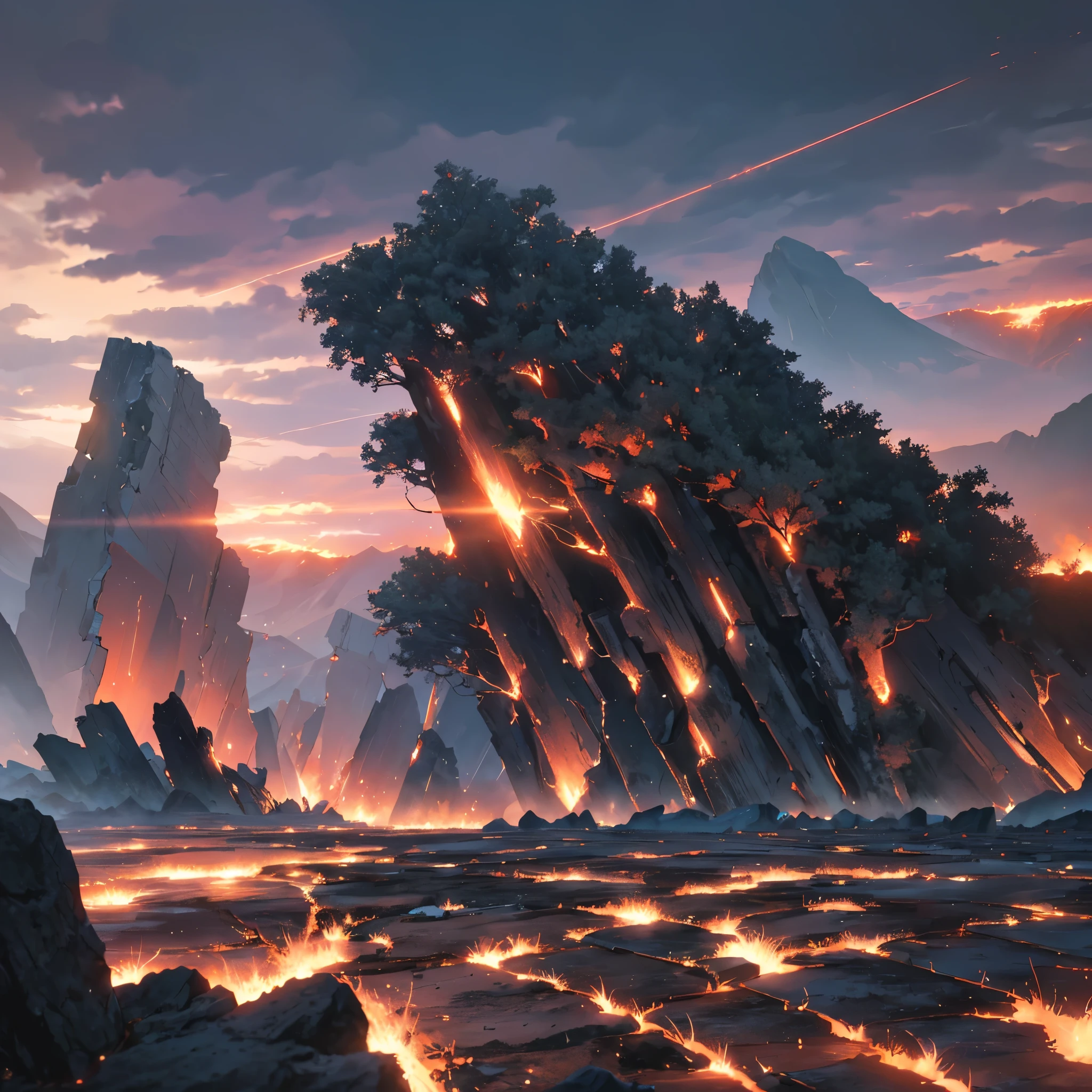 ((Anime Landscape Wallpaper: 1.2, width 672, Beautiful UHD 4K art: 0.8) (best quality), ultra-detailed, the otherworldly landscape, Storms rage perpetually across black-purple skies, sending gale-force blasts seemingly composed of pure rage whipping across the plains and mountains. These angry winds tear into the land itself and rip up great chunks of stone and black-burned earth, tossing them violently back down hundreds of leagues away in explosions of raw destruction.