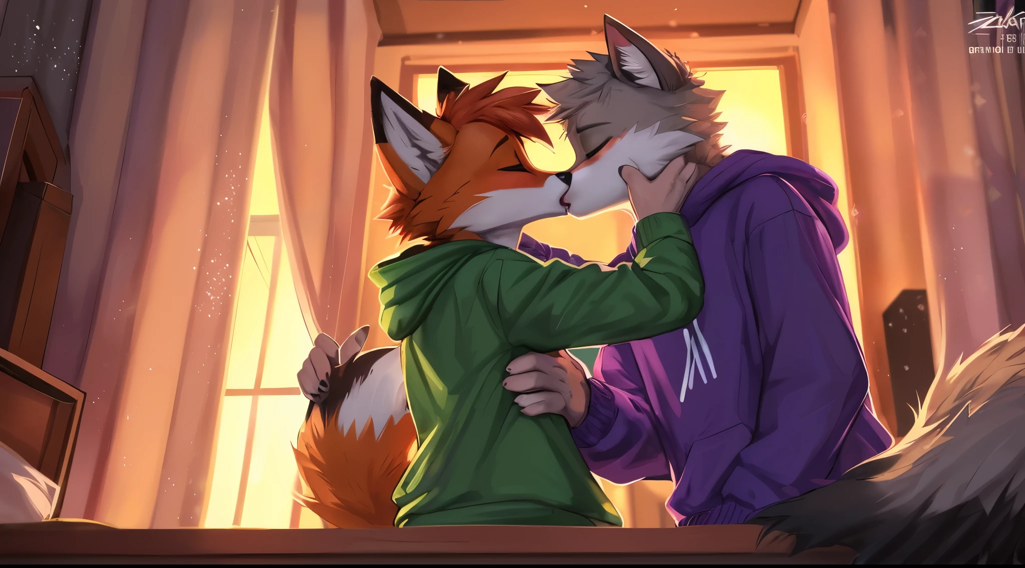 (vertical view:1.5), assisted exposure, explict content, uploaded on e621, (extremely detailed:1.3), 2boys, 2species duo, (duo focus:1.2), (kissing:1.3), (furry body), (male:1.5), (a lot of fur), (emotional:1.4), (leaning against object:1.4) furry, fox with yellow fur, cat with gray fur, hand holding couple, cat kissing fox, femboy, (causal exposure:1.6), (fur:1.7), 2boys, cat, inside a room, fox, duo, sparkles, teeth, open mouth, hug tightly, Masterpiece, best quality, passionate kiss, fox kissing with a cat, detailed lighting, detailed body, detailed fur, detailed, high stockings, fox with green sweatshirt, cat with purple sweatshirt, by Zackary911,