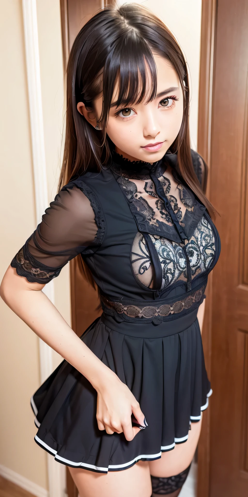 masterpiece, masterpiece, best quality, best quality, real, unity, 8k wallpaper, official art, highly detailed cg unity 8k wallpaper, ulzzang-6500, (original: 1.2), (real: 1.4), ultra detailed, high resolution, ultra detail,fantastic, fine detail, cinematic lighting, (1girl:1.4), (brown|black hair:1.4), medium hair, (realistic skin :1.2), (light brown skin:1.2),(small), beautiful girl beautiful details, highly detailed eyes and face, eyes with beautiful details, huge file size, super detailed and beautiful, blush, embarrassing, (laughs: 1.2), black eyes, model shooting style, full body shooting, (lace dress), earrings, chain necklace, loft apartment, living room, (almost empty room )、