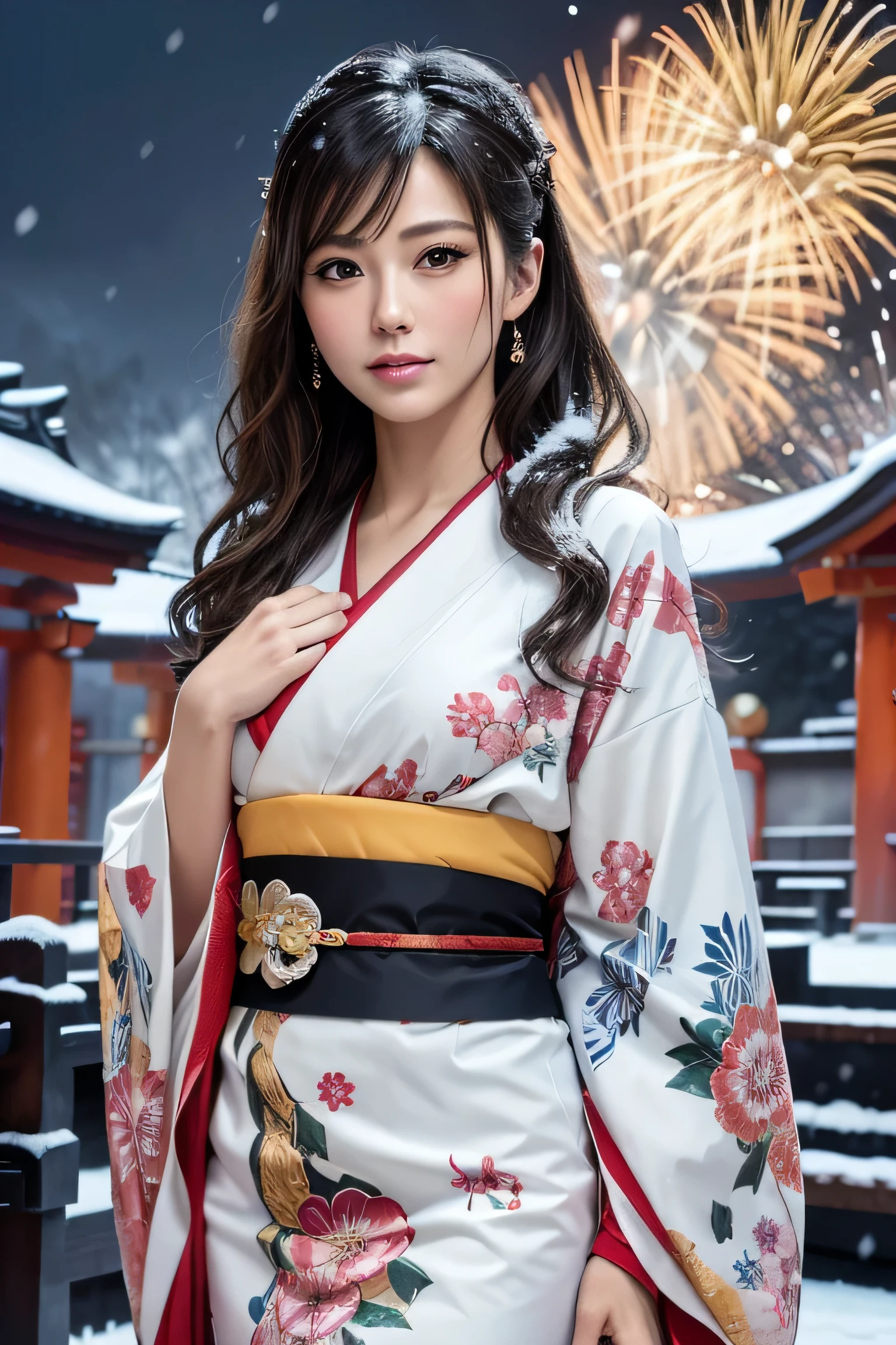 (masutepiece:1.2), ultra-detailliert, 超A high resolution, (Realistic, photo Realistic:1.37), high-definition RAW color photography, professional photograpy, extra detailed face, extremely detailed eye, highlydetailed skin, extremely detailed fingers, highly detailed nose, highly detail mouth, Perfect Anatomy, Highly detailed background, (a famous actress of Japan:1.2), (gals:1.3), (flat chest), Brown race, Dark skin, Very short cut hair, shadowy, hair messy, Full body, snow in my hair, (Snow in the sky:1.4), Cinematic lighting, Gorgeous kimono, (shrines:1.5), (Fireworks:1.3), Take off your kimono, Dynamic Pose,
