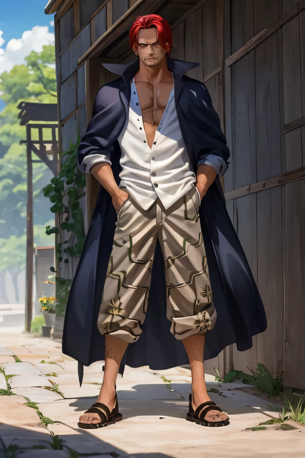 (obra maestra, mejor calidad), detalles intrincados,
 1child, hombre, cabello rojo, sombrero de paja, Shnks, Stems \(una pieza\), cicatriz en la cara, pelo corto, camisa, camisa blanca, enfoque masculino, ropa abierta, camisa con cuello, pantalones, capa, abrigo, camisa abierta, vello facial, cicatriz, sandalias, pectorales, parcialmente desabrochado, escote pectoral, abrigo en los hombros, naturaleza, paisaje, parte superior del cuerpo, sombrero de paja, Genera una imagen que combine dos personajes diferentes en una escena coherente. El primer personaje debe ser [Shanks], y el segundo personaje debe ser [Pikachu]. Ambos personajes deben interactuar de alguna manera que tenga sentido en el contexto de la escena. Pay special attention to the composition so that the fusion is natural and visually attractive. Make sure lighting and perspective are consistent for both characters and the environment. Puedes incorporar [opcional: specify additional elements such as a specific background or certain facial gestures]. The resolution of the image should be [specify the desired resolution, por ejem