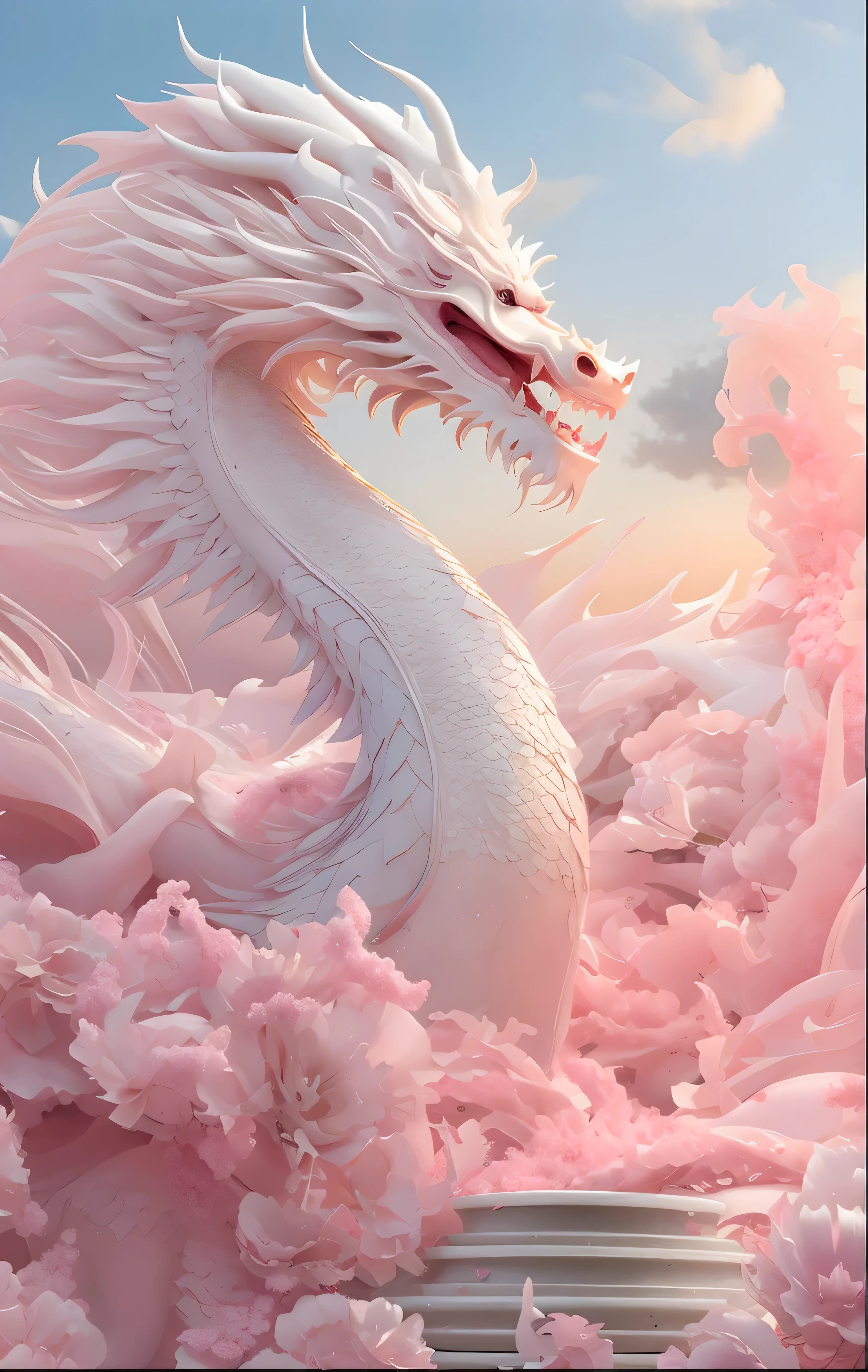 A white drak statue in a field of pink flowers, 🌺 CG, Soft and delicate drak-like characteristics, giant drak as background, majestic japanese drak, drakart, 8K high quality detail art, Beautiful digital artwork, Chinese drak concept art, drak, Chinese Silk3Ddrak, detailed fantasy digital art, smooth chinese drak, Detailed digital 3D art