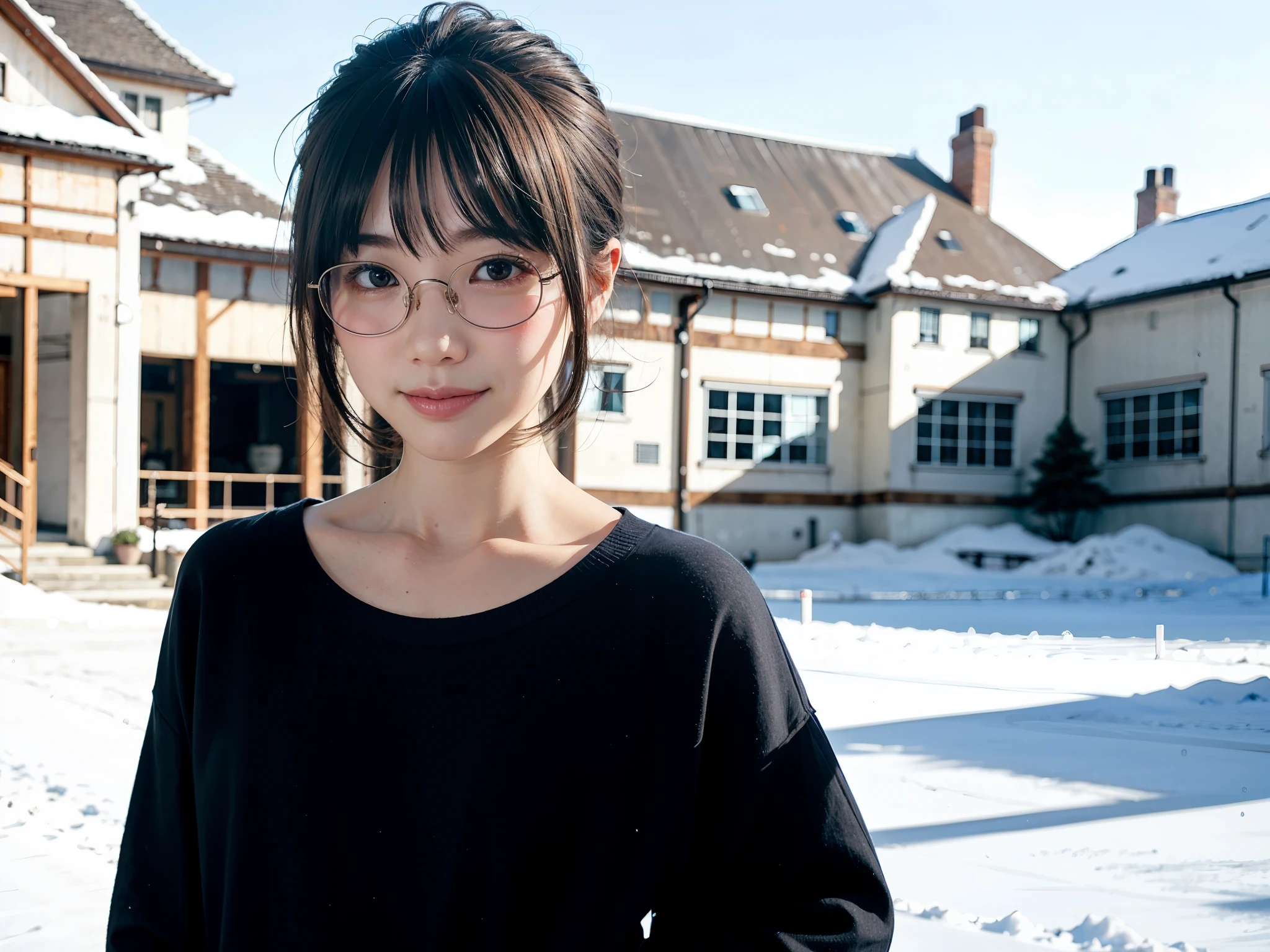 真冬のtag本の街でロングコートを着てポーズをとる女性、top-quality、 1 人、Small chest、tag、发光、blur backgroun、Bokeh、outside of house、(Street:0.8)、Woman with glasses、Glasses with a thin frame、Round lens glasses、Thin golden glasses frame、、Luxury(Short hair、Forehead:1.2)、snowscape、Beautiful sky with details、(dynamicposes:1.2)、 (The upper part of the body:0.5)、Soft lighting、the wind、glowy skin、A smile、Long coat over sweater