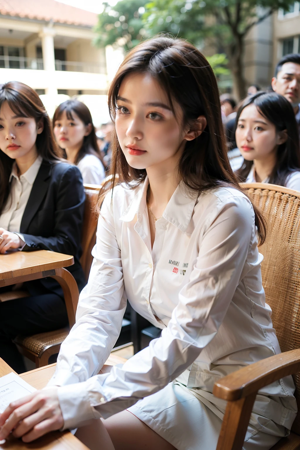 ((Best quality at best)), ((tmasterpiece)), (detailed), The background is an outdoor chair,natural face,Several people are listening carefully,long sleeve work uniform