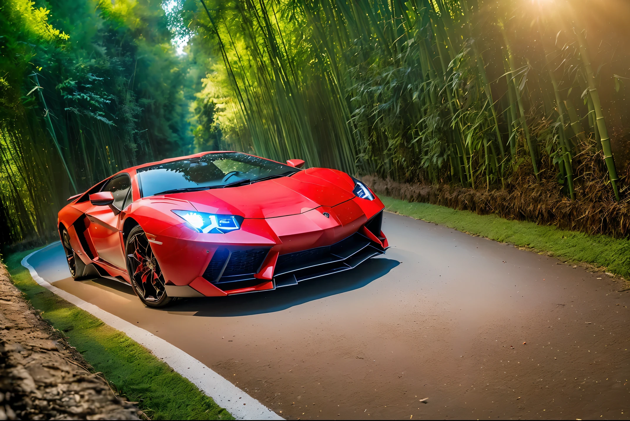 (ultra-quality:1.5) (ultra-detailliert:1.5) (A hyper-realistic:1.5) (Realistic texture:1.5)Photo of a bright red Lamborghini Aventador detail portrayal Realistic and three-dimensional ultra-quality The ultra -The high-definition Bright red sunset (Very beautiful scenery:1.3) Angle from the side Night comes Straight path in the bamboo forest