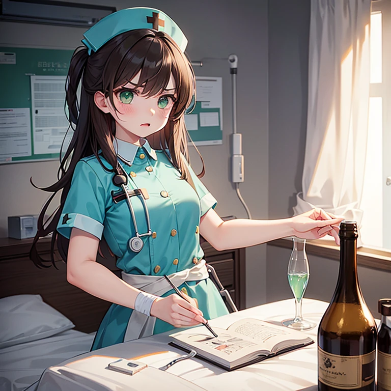 solo, super fine illustration, an extremely delicate and beautiful, best quality, long hair, brown hair, green eyes, looking at bottle, angry, frustrated, nurse, white uniform, blue cap, stethoscope, hospital ward, bed, patient, middle-aged man, pale, bandage, IV drip, sleeping, dim, curtains, monitors, medical equipment, problem, helplessness, bust.