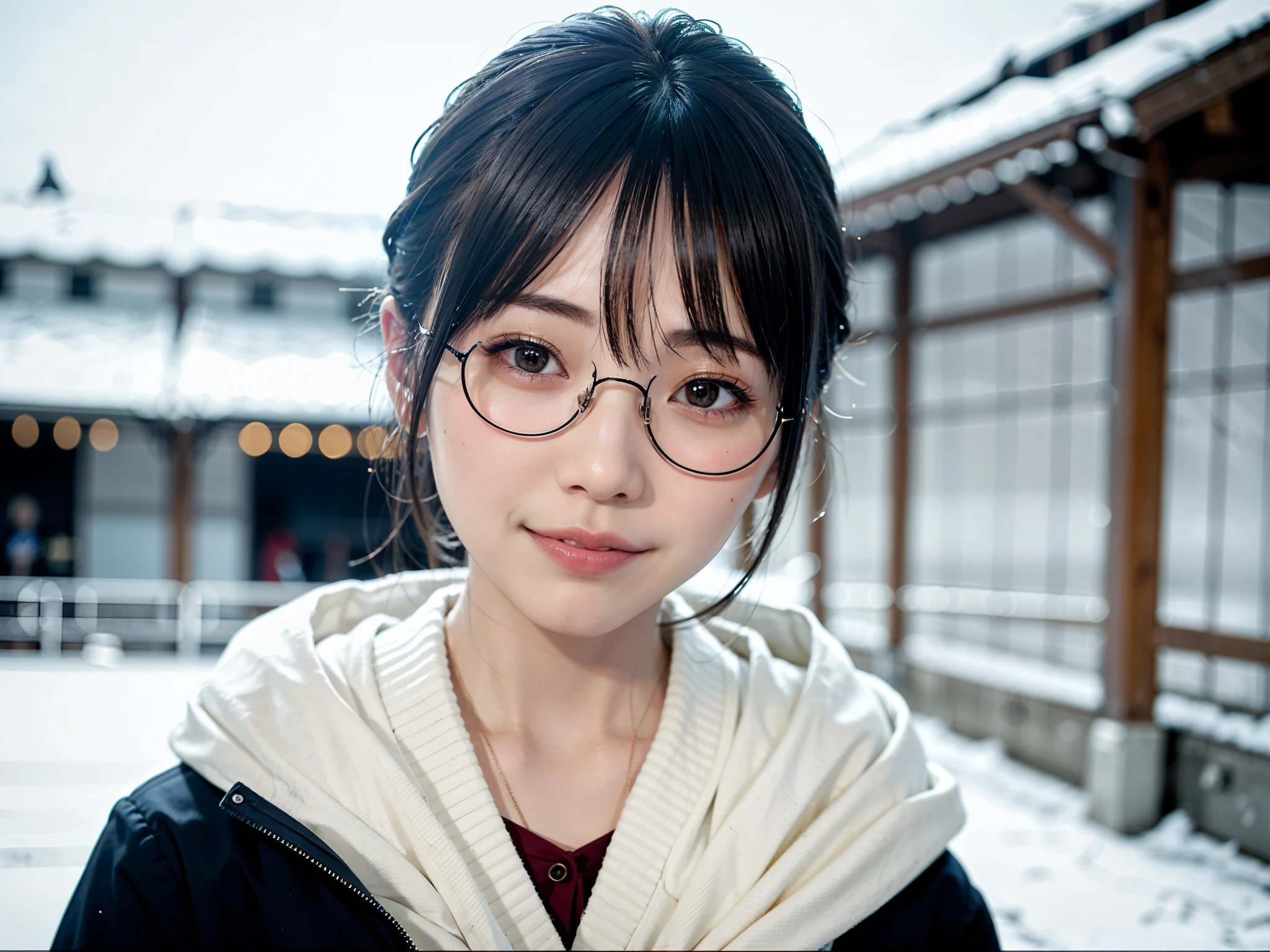 真冬のtag本の街でロングコートを着てポーズをとる女性、top-quality、 1 人、Small chest、tag、发光、blur backgroun、Bokeh、outside of house、(Street:0.8)、Woman with glasses、Glasses with a thin frame、Round lens glasses、Thin golden glasses frame、、Luxury(Short hair、Forehead:1.2)、snowscape、Beautiful sky with details、(dynamicposes:1.2)、 (The upper part of the body:0.5)、Soft lighting、the wind、glowy skin、A smile、Long coat over sweater
