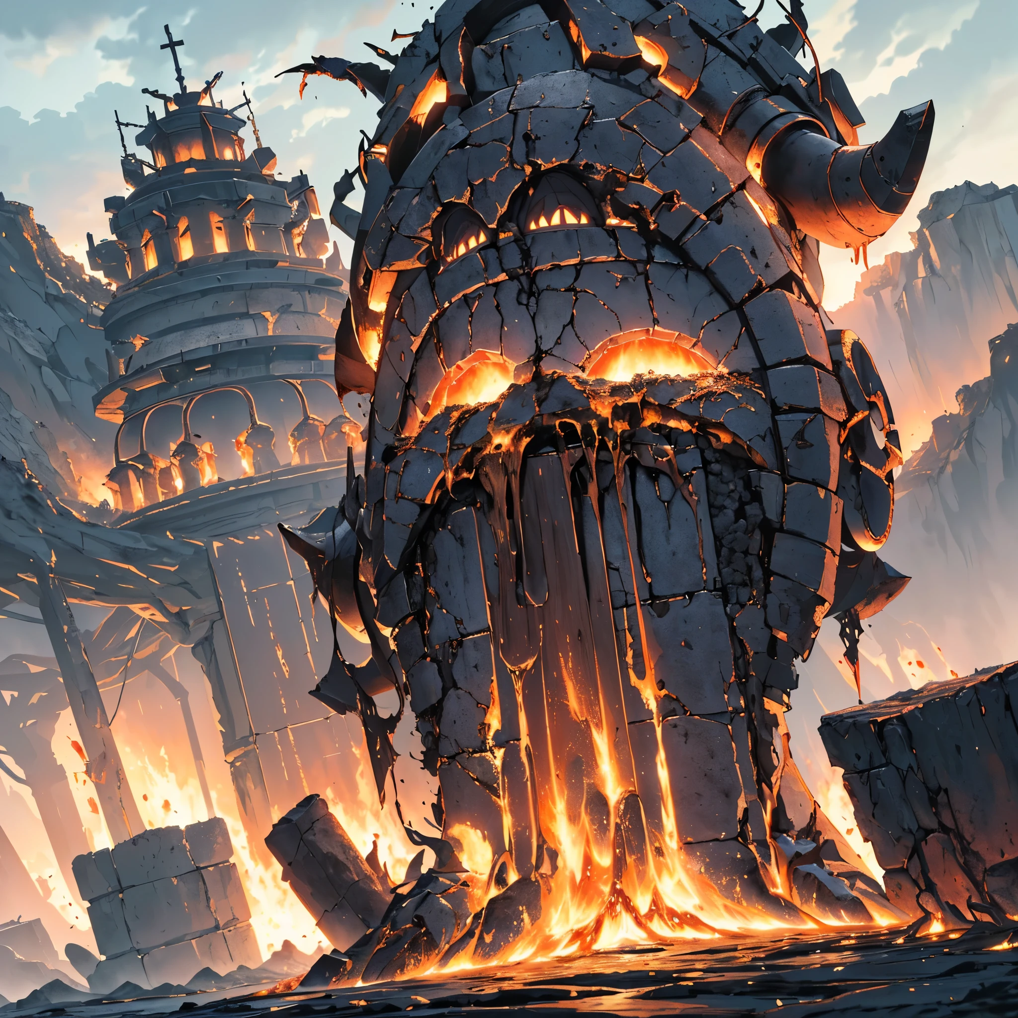 ((Anime Landscape Wallpaper: 1.2, width 672, Beautiful UHD 4K art: 0.8) (best quality), ultra-detailed, the otherworldly landscape, a hellish world of metal, death, and malice, This hellish forge is perpetually cloaked in a pall of black, oily fumes, rank with the acrid stench of forbidden metallurgy, dominated by a cacophony of strident grinding and the wailing of uncountable tortured spirits. This accursed place is where the blind, ever-mutating Daemon forge-masters eternally hammer at their creations in cyclopean smithies.