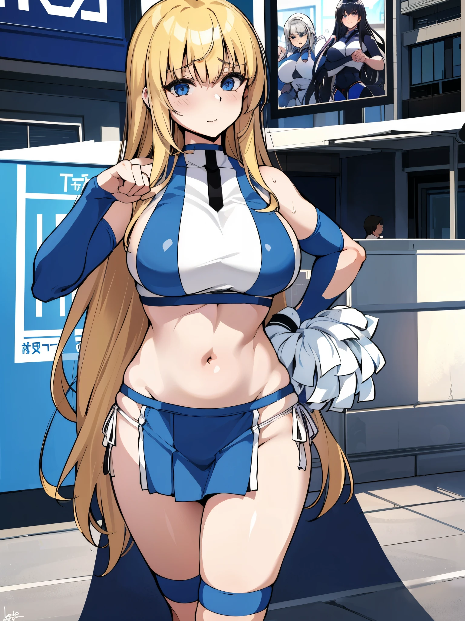 (8K, Best quality at best, tmasterpiece:1.2),\(Eyes detailed\),\(facial feature\),(\(Clothes detail details\)\),(1 girl:1.3),(Alone:1.35),Full body lesbian,18yr old,blond hair blue eyes,sexy plump model,(/white skinned/),(_Yergin:1.2),(a slender waist:1.2),navel,(Cute cheerleading uniforms:1.2),Cheerleading action attention,an sexy,A mature woman,cute cheerleader、Decided Pose,
