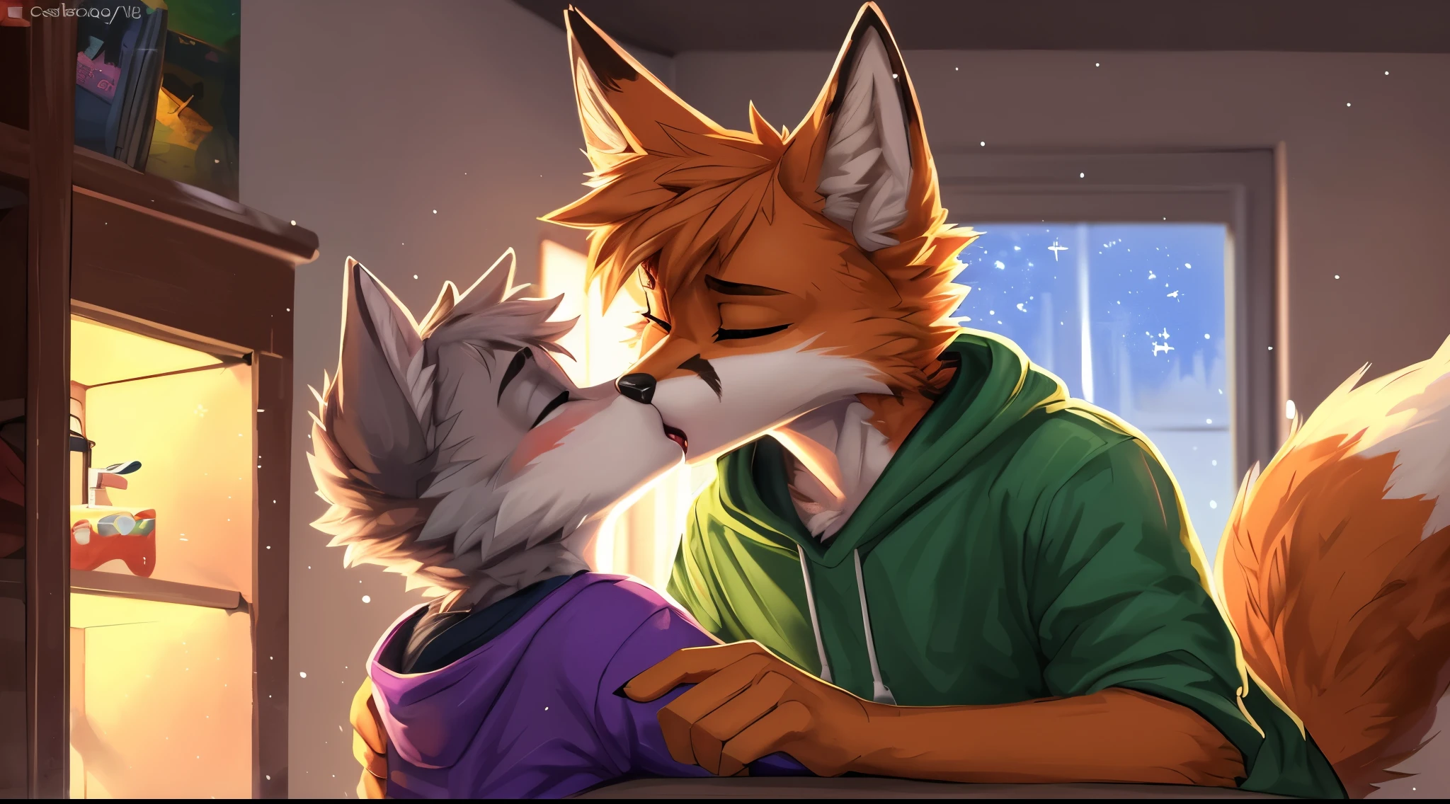 (vertical view:1.5), assisted exposure, explict content, uploaded on e621, (extremely detailed:1.3), 2boys, 2species duo, (duo focus:1.2), (kissing:1.3), (furry body), (male:1.5), (a lot of fur), (emotional:1.4), (leaning against object:1.4) furry, fox with yellow fur, cat with gray fur, hand holding couple, cat kissing fox, femboy, (causal exposure:1.6), (fur:1.7), 2boys, cat, inside a room, fox, duo, sparkles, teeth, open mouth, hug tightly, Masterpiece, best quality, passionate kiss, fox kissing with a cat, detailed lighting, detailed body, detailed fur, detailed, high stockings, fox with green sweatshirt, cat with purple sweatshirt, by Zackary911,