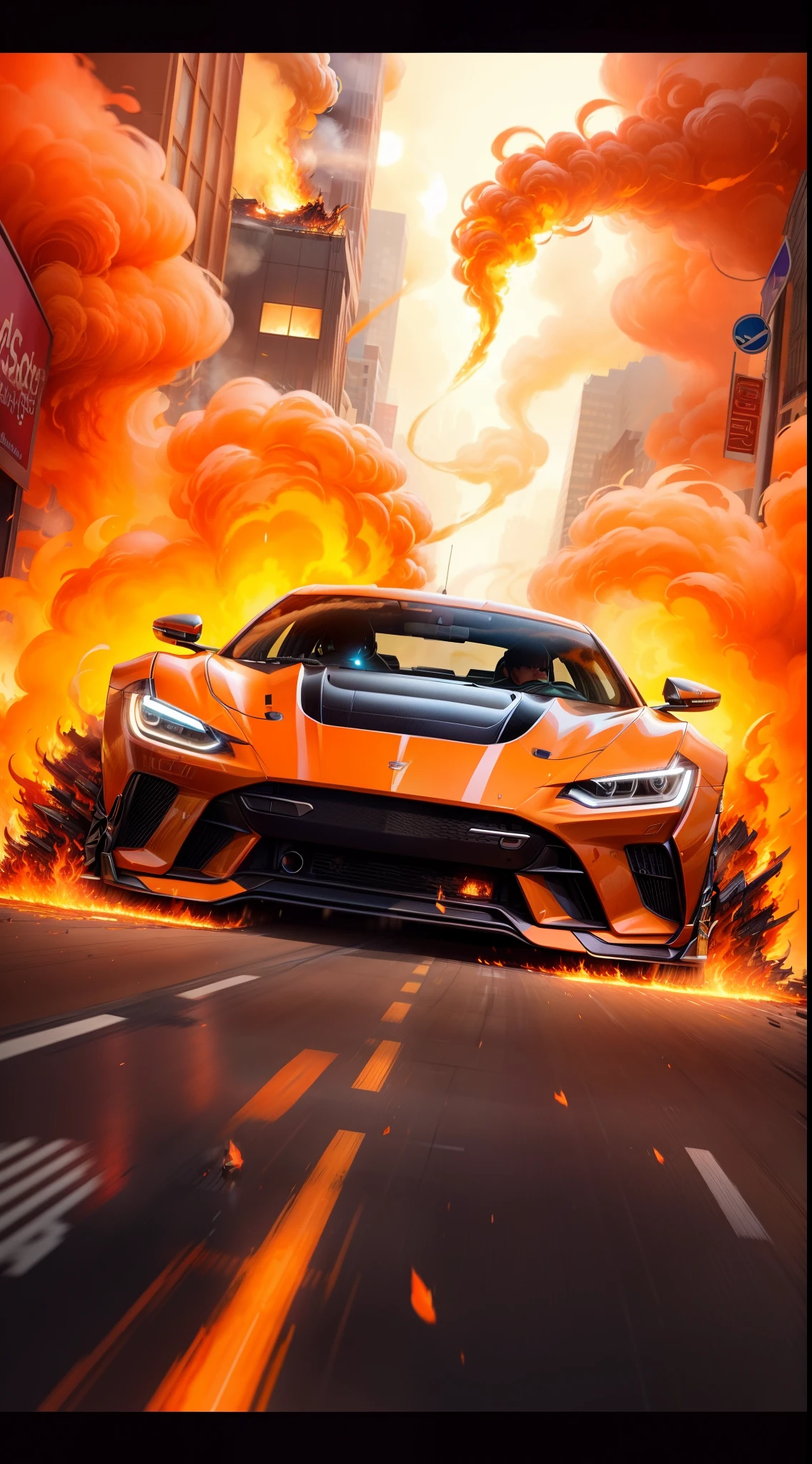 a car is driving through a city with flames coming out of it, stunning art style, burning cars, amazing wallpaper, octane cgsociety, hq 4k phone wallpaper, striking detailed artstyle, 8 k highly detailed ❤🔥 🔥 💀 🤖 🚀, wallpaper mobile, stunning digital illustration, very coherent stylized artwork, amazing splashscreen artwork, by Adrian Zingg