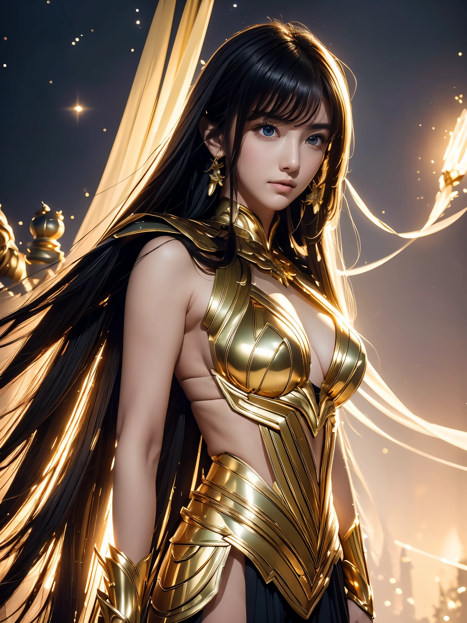 Saint Seiya,Gold armor,cinematic lighitnglamplight,Realistic,highly detailed,bright, kosmos, Starcloud, detailed, hyper realisitc, clean background trending, bright background, The attention to detail,8k --niji 5 --stylistic expressiveness --s 400