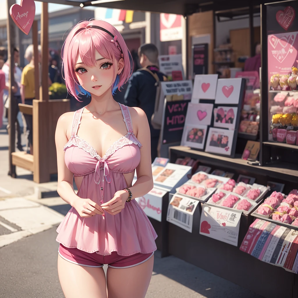 (1 female), middle aged, look away, ((blush)), My pants are completely exposed, ecstasy face, pink bob, ((huge breasts)), earrings, necklace, (Climb and straddle、I rub my wet sexy panties on the edge of the table), ((spread your legs, raise your legs, open your mouth)), ((Obsessed with masturbation)), sealed, Places with a lot of people, (anime background), Large shopping malls