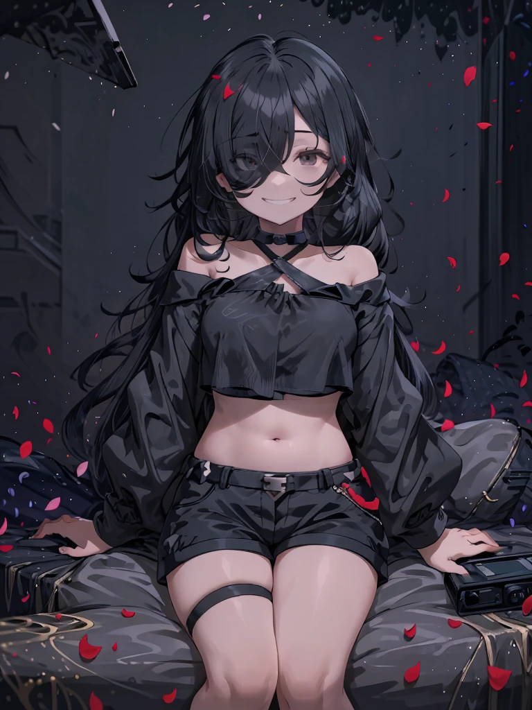 1girl in,10years old cute girl,skin tanned,Dark eyes,Wavy Hair,Black hair,Sit on a large sofa,Rose petals,Spread legs wide,very messy long hair,Black tube top,Black Hot Pants,,smily face, grin,Hair over one eye,Raise one leg and face the camera,,,,