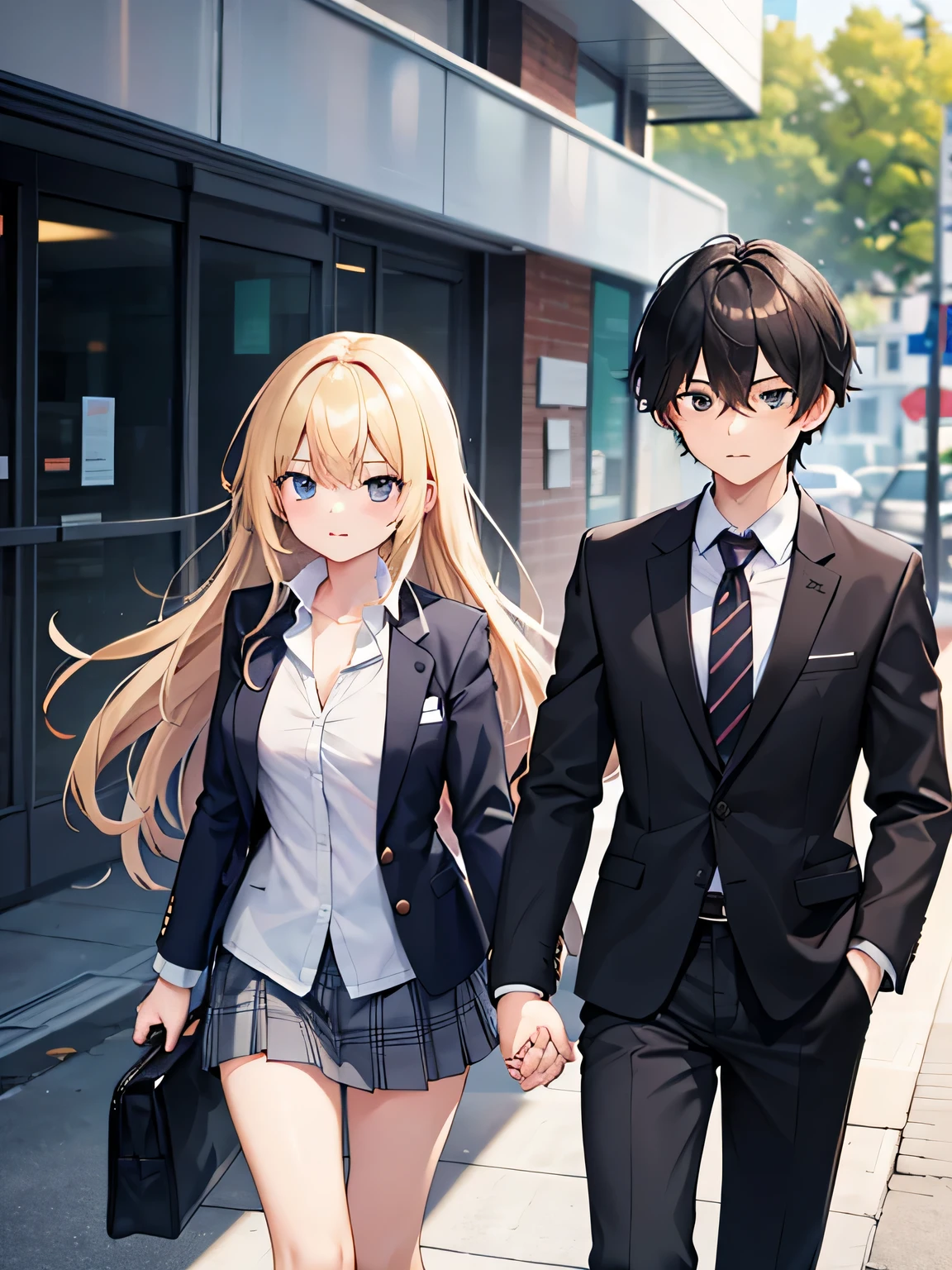 1,man and woman walking hand in hand.
2, The woman is a delinquent high school student with long blonde hair., Mini skirt, unbutton the blazer、The second button of the shirt is undone.
Men are teachers, Wearing a suit and tie, black hair and hairy head.
4,The location is on the way to school.