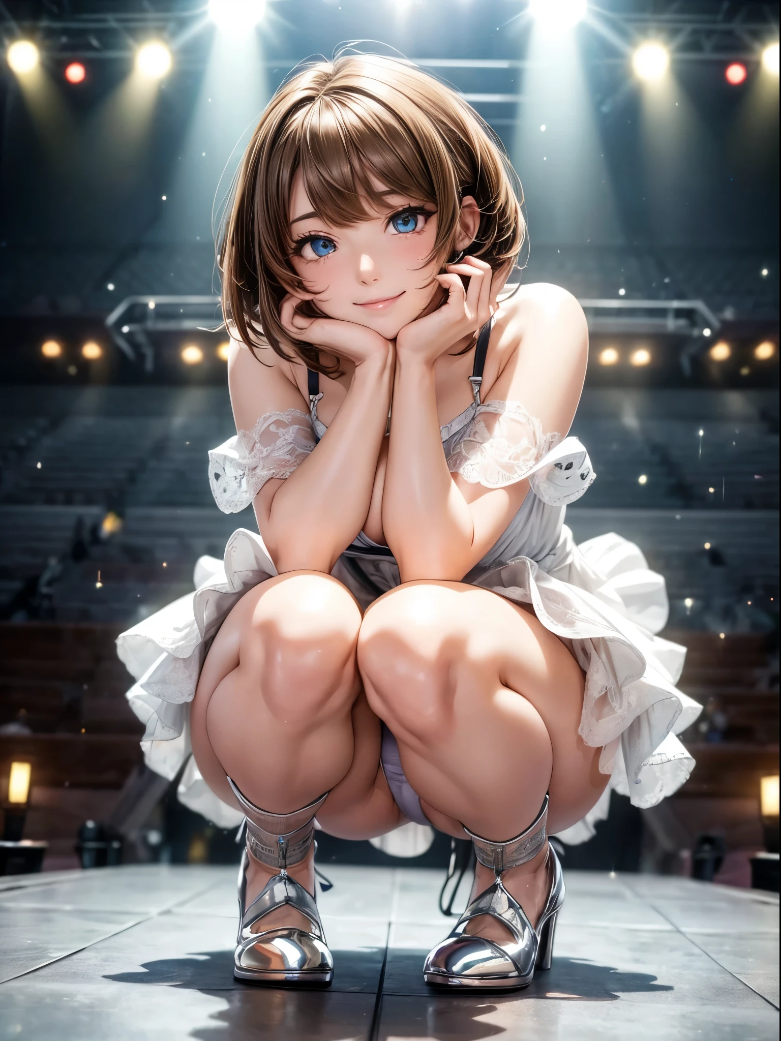 ((masterpiece)), ((best quality)), (ultra-detailed), ((extremely detailed)), 4K, (8K), best quality, (beautiful), anime style, full body, focus on the face, full body focus, from below, Live performance venue, a cute girl, 1girl, solo, idol, (squatting panty shot:1.2), young entertainer, beautiful light brown hair, beautiful brown eyes, ((beautiful eyes)), short hair, light smile, shiny-glistening, gleaming,professional lighting