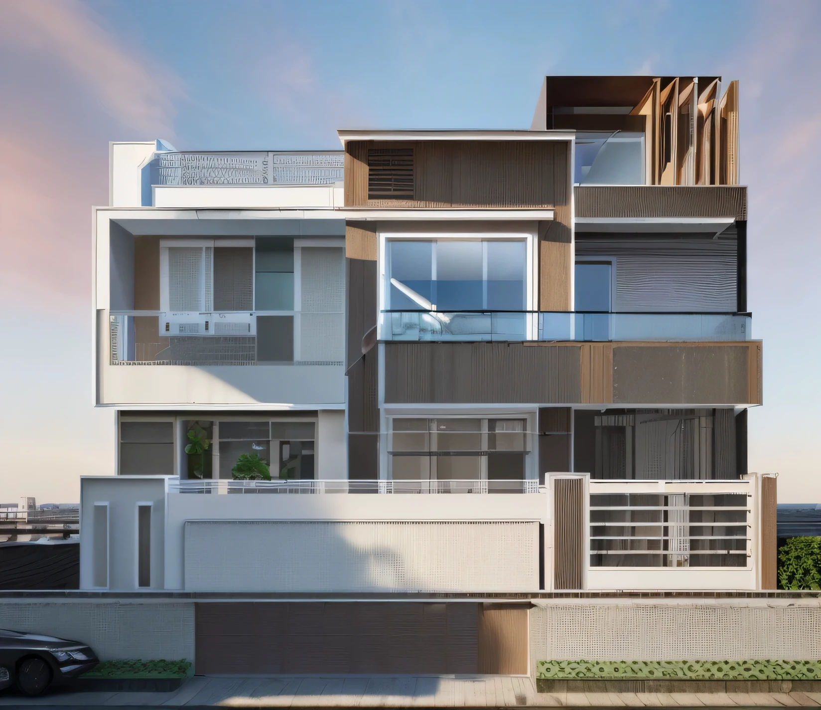 (Townhouse in city ,close houses and trees), daylight ( best quality) ((high solution)) ,(( photo realistic)) ,warm light, (sharp focont view of townhouse in style of modern,small house, Narrow area,VietNam,facade, curved arch,beautiful facade,curved windown,narrow and long ,two-storey,mutual colours, soft lighting, warm atmosphere,high Resolution, hyper detailed,4k ,vray render, octane render, hyper realistic, photography expert ,exterior design , professional photography, exterior photography,wide-angle shot , ultra detail , high Resolution , full frame, full body