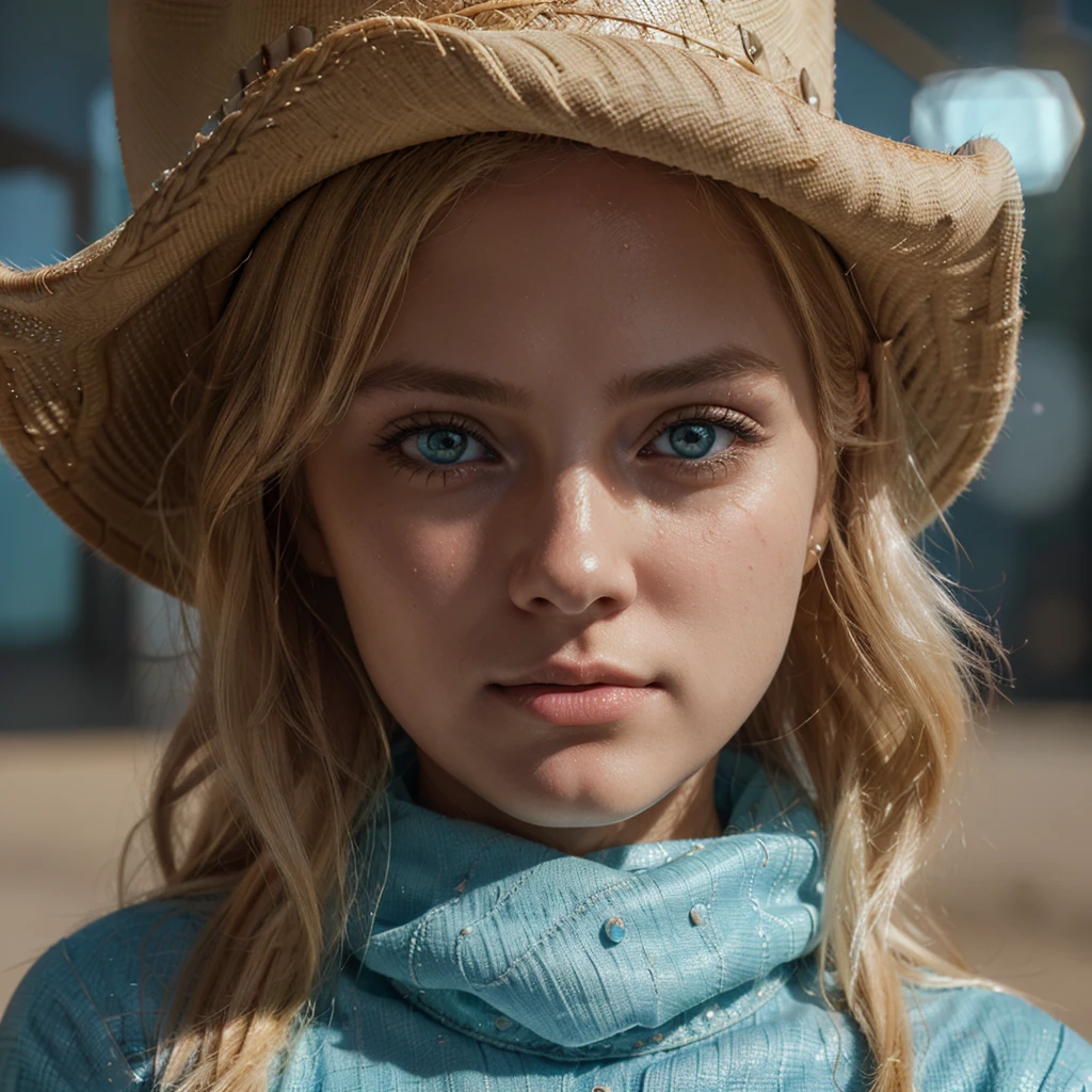 A beautiful cute blonde girl, cowboy hat, cyan eyes, ultra realistic soft skin, extreme detail, high masterpiece, 8k, photography, studio light, ultra realistic lighting, high realistic ray tracing, extreme detail, perfect cute face