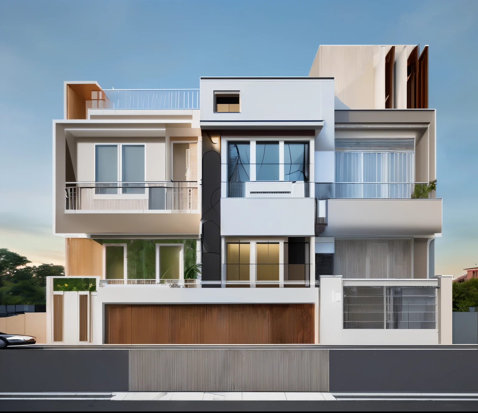 (Townhouse in city ,close houses and trees), daylight ( best quality) ((high solution)) ,(( photo realistic)) ,warm light, (sharp focont view of townhouse in style of modern,small house, Narrow area,VietNam,facade, curved arch,beautiful facade,curved windown,narrow and long ,two-storey,mutual colours, soft lighting, warm atmosphere,high Resolution, hyper detailed,4k ,vray render, octane render, hyper realistic, photography expert ,exterior design , professional photography, exterior photography,wide-angle shot , ultra detail , high Resolution , full frame, full body