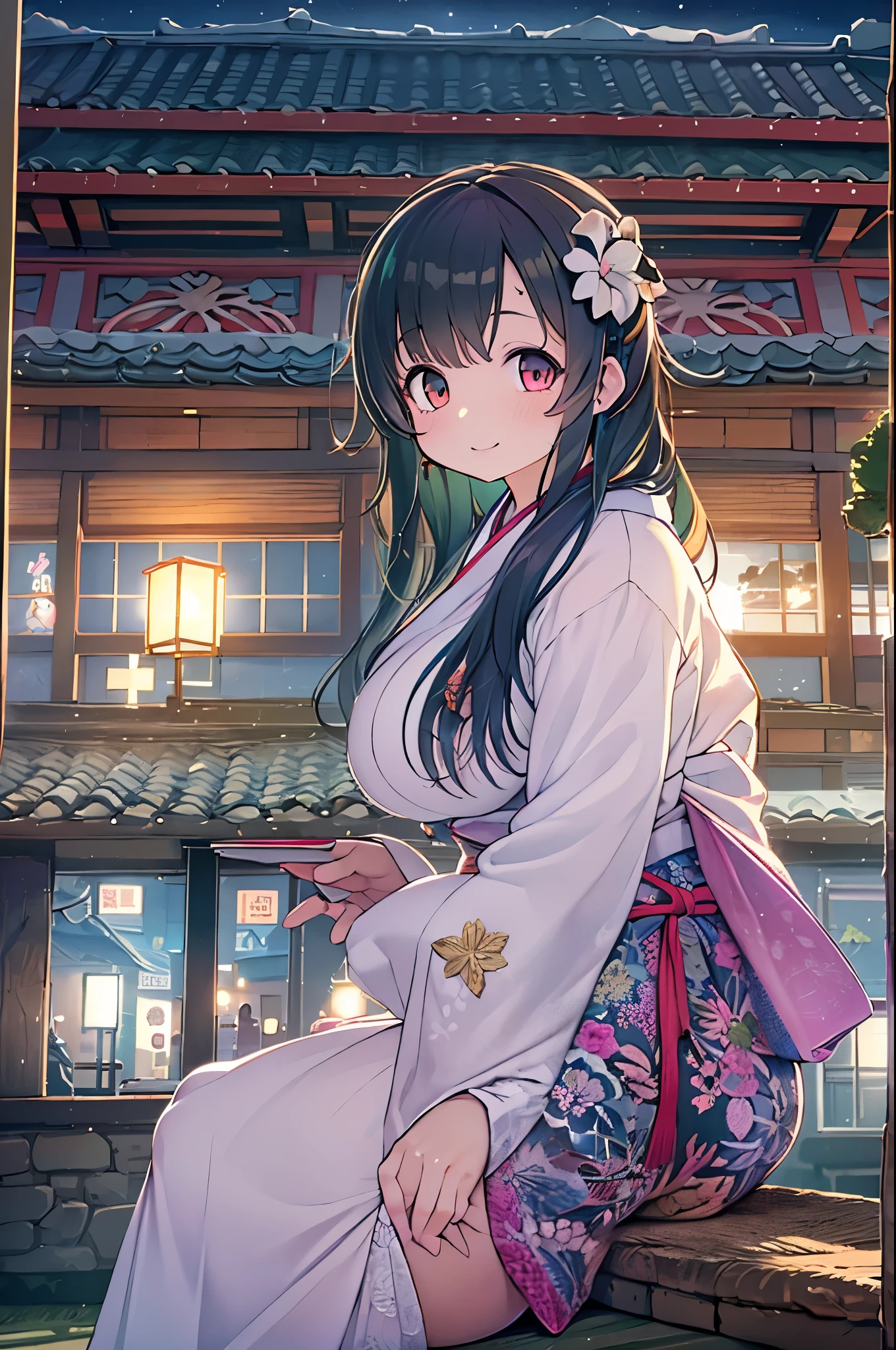 (Night:1.7), East Asian Architecture, sitting at attention,sitting on tatami, white_Kimono, Black_hair, long_hair, hair_Pulled_Back,parted_Lips,Purple_Eyes, braid, 1 girl, Manga,20yr old,maturefemale,Beautiful Finger,Beautiful long legs,Beautiful body,Beautiful Nose,Beautiful character design, perfect Eyes, perfect Face, Looking at Viewer,(Innocent_Big_Eyes:1.0),(light_Smile:1.0), Official art,the Extremely Detailed CG Unity 8K Wallpapers, Perfect Lighting,Colorful, Bright_front_Face_lightinasterpiece:1.0),(best_quality:1.0), 超hight resolution,4K,Ultra-detailed, Photography, 8K, nffsw, hight resolution, absurderes:1.2, Kodak Portra 400, Film grain, blurry Background, Bokeh:1.2, Lens Flare, (Vibrant_Color:1.2) (Beautiful,Large_breasts:1.4), (Beautiful_Face:1.5),(narrow_waist),