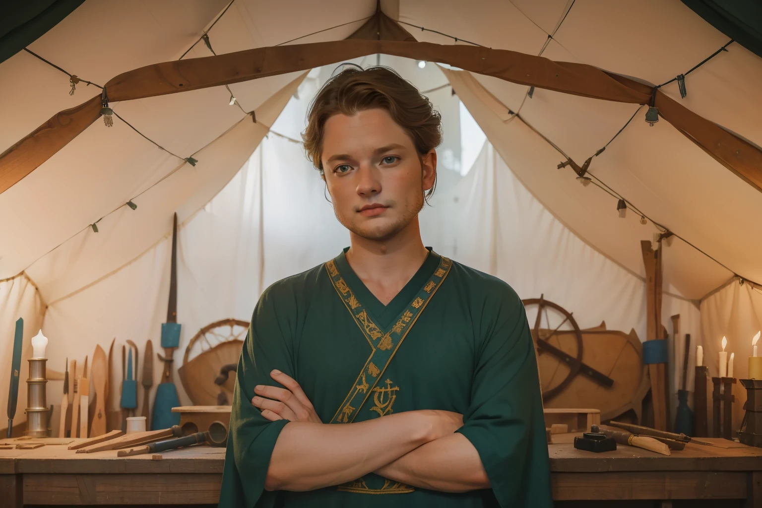 1152, Kingsbridge, England. Otherworldly scene in a medieval tent full of construction tools, ((((31-year-old)) Levi Miller)), crossed arms, smug expression, ((((plain tunic from the 12th century)))), ((Hairstyle of the 12th century)), ((Wes Anderson cinematic style)), colorful