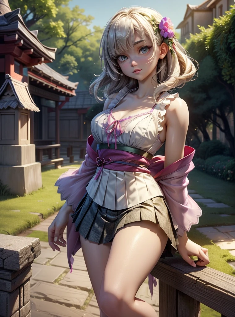 Caucasian girl 25 years old , 1girl, perfect eyeeautiful detailed eyes:1.05), natural large breasts,  delicate face, fair skin, detailed skin, realistic skin, medium length hair, hair voluminous, super high resolution, 8k, parameters Best quality, (masterpiece:1.4), (magic accessories and fair skin:1.4), extremely detailed [[[{silk|lycra}:lacy:0.3]:{silk|latex}:0.6]:feather:0.9] ({((pleated skirt)+(shirt:1.2))|(mini night robe, camisole, (kimono. Pale skin:1.1))|(crochet tank crop top, sleeveless bra corset, (bralette:1.2))},{skirt dress|(summer minidress:1.4)|(evening minidress:1.2)|wedding minidress}), neckline, ultra detailed, photorealistic, (best quality:1.4), super high resolution, (Realistic 1.4), More details, (portrait, full body), (((1girl))), (witchcraft:1.1), magic energy flows and sparkles, {(castle, stronghold) city|hills|(vegetation fields with village on background:1.0)}, (beautiful and aesthetic:1.2), (fractal art:1.4), (cinematic light:1.1), 16K, HDR, RTX, Ray Tracing, Radiosity, Anisotropic Filtering, Subsurface Scattering, metallic reflections, vibrant colors
