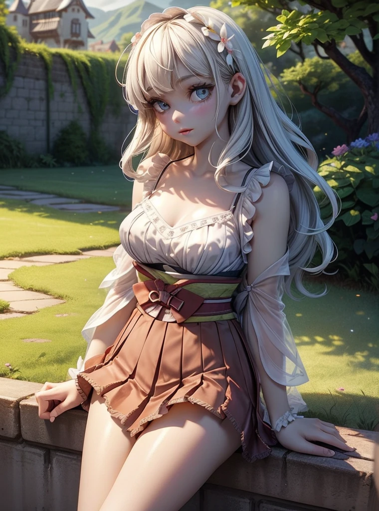 Caucasian girl 25 years old , 1girl, perfect eyeeautiful detailed eyes:1.05), natural large breasts,  delicate face, fair skin, detailed skin, realistic skin, medium length hair, hair voluminous, super high resolution, 8k, parameters Best quality, (masterpiece:1.4), (magic accessories and fair skin:1.4), extremely detailed [[[{silk|lycra}:lacy:0.3]:{silk|latex}:0.6]:feather:0.9] ({((pleated skirt)+(shirt:1.2))|(mini night robe, camisole, (kimono. Pale skin:1.1))|(crochet tank crop top, sleeveless bra corset, (bralette:1.2))},{skirt dress|(summer minidress:1.4)|(evening minidress:1.2)|wedding minidress}), neckline, ultra detailed, photorealistic, (best quality:1.4), super high resolution, (Realistic 1.4), More details, (portrait, full body), (((1girl))), (witchcraft:1.1), magic energy flows and sparkles, {(castle, stronghold) city|hills|(vegetation fields with village on background:1.0)}, (beautiful and aesthetic:1.2), (fractal art:1.4), (cinematic light:1.1), 16K, HDR, RTX, Ray Tracing, Radiosity, Anisotropic Filtering, Subsurface Scattering, metallic reflections, vibrant colors