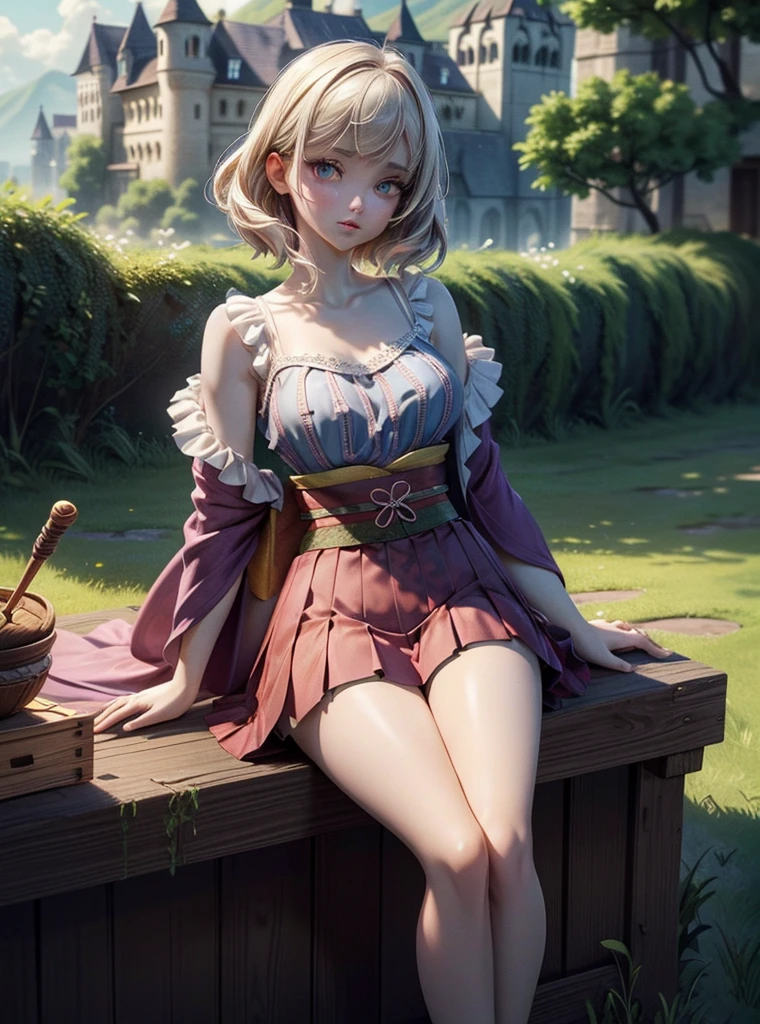 Caucasian girl 25 years old , 1girl, perfect eyeeautiful detailed eyes:1.05), natural large breasts,  delicate face, fair skin, detailed skin, realistic skin, medium length hair, hair voluminous, super high resolution, 8k, parameters Best quality, (masterpiece:1.4), (magic accessories and fair skin:1.4), extremely detailed [[[{silk|lycra}:lacy:0.3]:{silk|latex}:0.6]:feather:0.9] ({((pleated skirt)+(shirt:1.2))|(mini night robe, camisole, (kimono. Pale skin:1.1))|(crochet tank crop top, sleeveless bra corset, (bralette:1.2))},{skirt dress|(summer minidress:1.4)|(evening minidress:1.2)|wedding minidress}), neckline, ultra detailed, photorealistic, (best quality:1.4), super high resolution, (Realistic 1.4), More details, (portrait, full body), (((1girl))), (witchcraft:1.1), magic energy flows and sparkles, {(castle, stronghold) city|hills|(vegetation fields with village on background:1.0)}, (beautiful and aesthetic:1.2), (fractal art:1.4), (cinematic light:1.1), 16K, HDR, RTX, Ray Tracing, Radiosity, Anisotropic Filtering, Subsurface Scattering, metallic reflections, vibrant colors