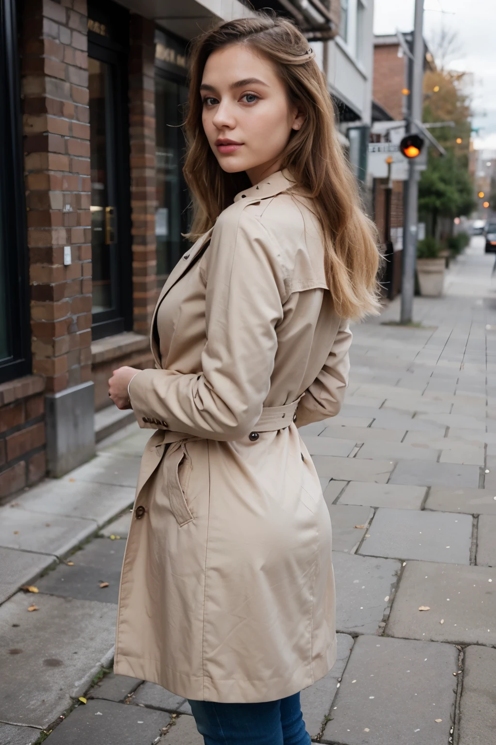 (realistic,photorealistic:1.37),no hands,extremely realistic blonde Russian girl with blonde hair and blue eyes,beautiful detailed lips and eyes, detailed and ,imperfect skin,textured skin,upper body,beautiful detailed blonde hair,hands behind her back,a woman in a beige coat and jeans walking down a brick sidewalk, smart casual, wearing elegant casual clothes, casual business outfit, wearing a blazer, feminine in cute pastel shades, feminine in pastel shades, wearing a long beige trench coat, modern fashion outfit, muted and pastel shades, business outfit, pastel style, minimalistic style, fashion outfit, well - dressed, cannot see hands, wide shot
