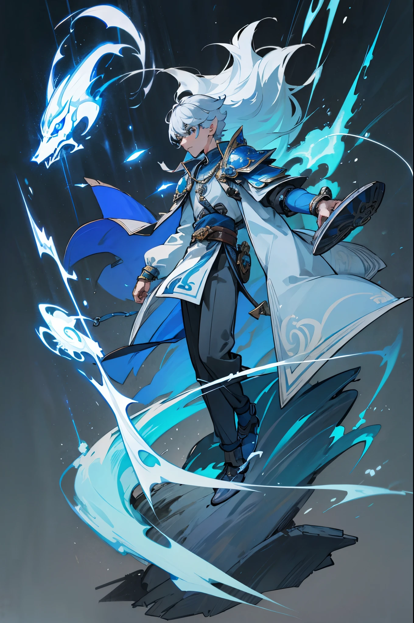 white color hair，eBlue eyes，Dressed in blue, Gray-black pants，Official character art, ( ( Character concept art ) ), 《the first god》Ke Qingyu, full body concept art, Genshin impact's character, botw style, casimir art, full body character concept art, detailed full body concept art, JRPG character art, human male character art，There are bronzing patterns on the clothes，shaped like thunder and lightning，Wristband set with gemstones，There  a silver and blue case.，jeweled belt，There are hanging ornaments on the legs，The pants have a tattered feel like they have been through a battle..，Noble temperament，Shoulder armor silver blue lightning pattern.，Wear a lightning-shaped necklace，stand posture，Chinese-style figures,front view,focus face, full face