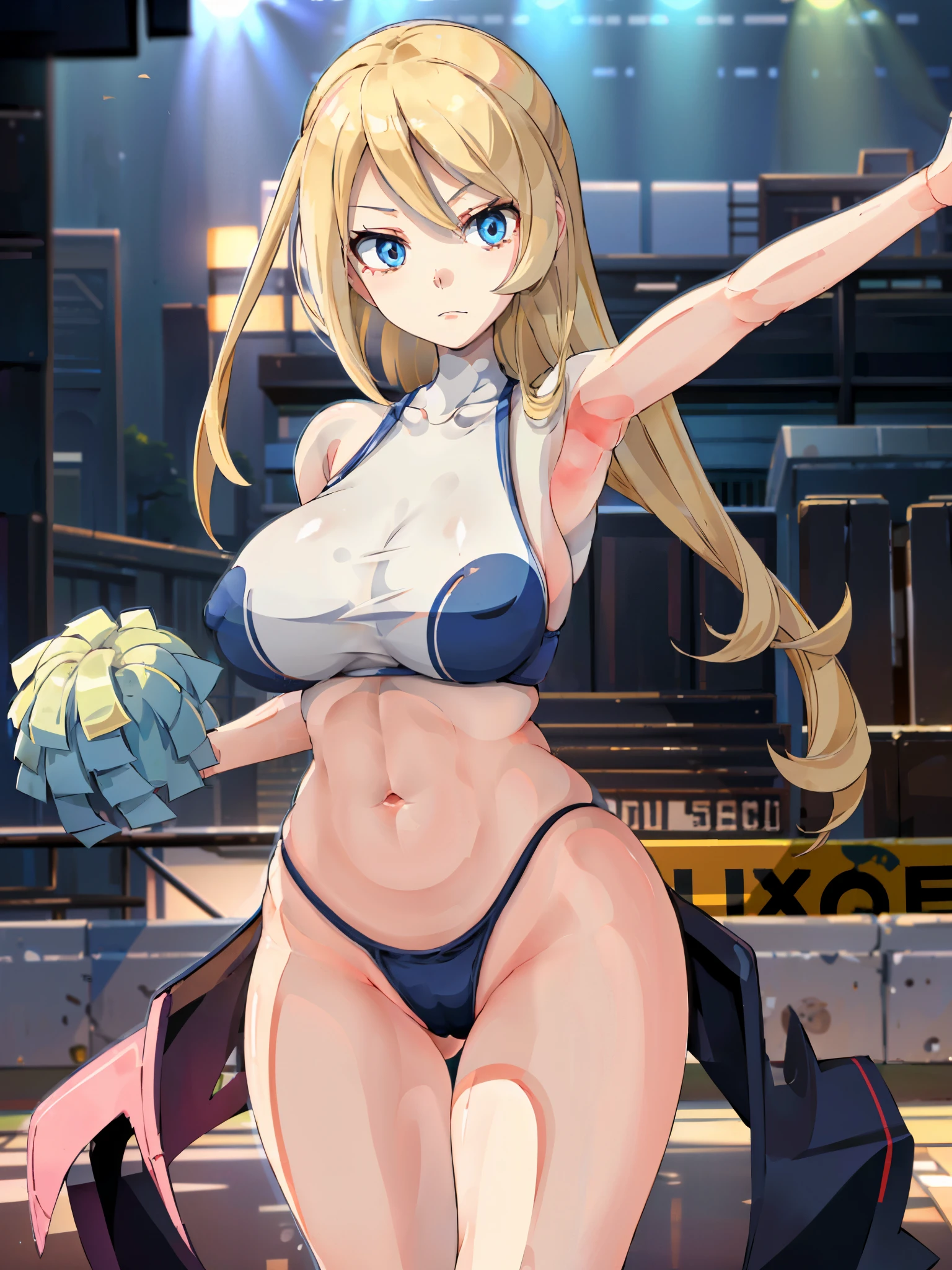 (8K, Best quality at best, tmasterpiece:1.2),\(Eyes detailed\),\(facial feature\),(\(Clothes detail details\)\),(1 girl:1.3),(Alone:1.35),Full body lesbian,30 age old,blond hair blue eyes,mature female,(/white skinned/),(S.forest style:1.2),large breasts,the girl with big breasys,sagging breasts,(a slender waist:1.2),navel,(Cute cheerleading uniforms:1.2),Cheerleading action attention,an sexy,A mature woman,cute cheerleader、Decided Pose,