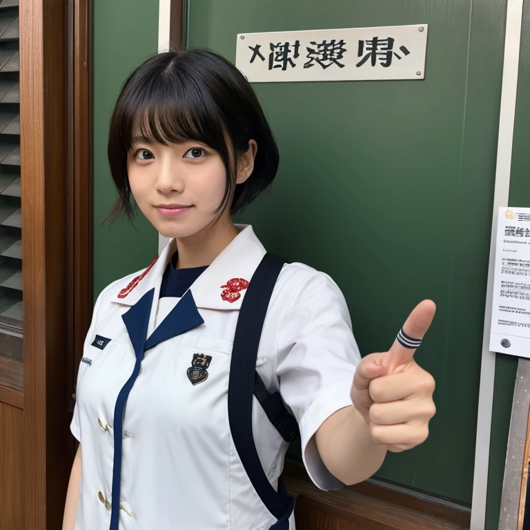 A woman wearing a uniform is giving a thumbs up, barechested、show breast、a picture inspired by Matsumura Goshun, Tumbler, shin hanga, chiho, mao hamaguchi, Kimi Takemura, iwakura lain, Kotegawa Yui, Shiori Teshirogi, yukii morita, Takeyuki Kanda, narumi kakinouchi