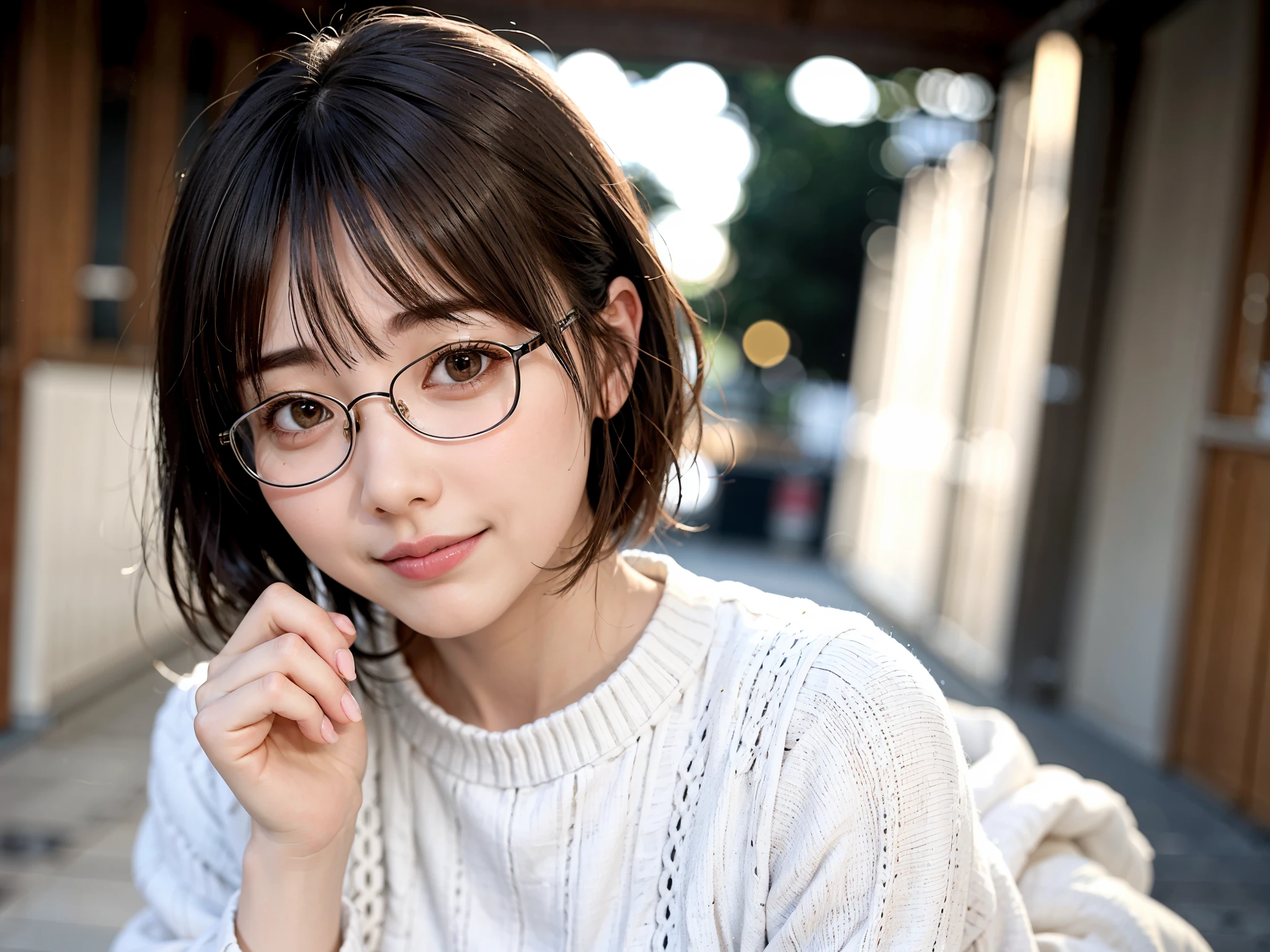 真冬のtag本の街でロングコートを着てポーズをとる女性、top-quality、女の子 1 人、Small chest、tag、发光、blur backgroun、Bokeh、outside of house、(Street:0.8)、Woman with glasses、Glasses with a thin frame、Round lens glasses、Thin golden glasses frame、、Luxury(Short hair、Forehead:1.2)、snowscape、Beautiful sky with details、(dynamicposes:1.2)、 (The upper part of the body:0.5)、Soft lighting、the wind、glowy skin、A smile、Long coat over sweater