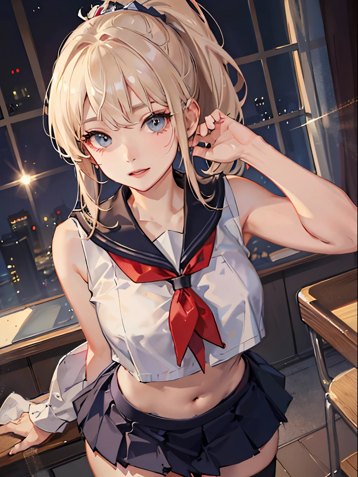 top-quality、realistic touch,high-detail、photoRealstic、thin-waist、captive beauty、big eye、solid platinum-blonde eyelashes、platinum-blonde、full body Esbian、Sparkling eyes, cheeks flushed、thin-waist、In the classroom of  the school、She is in estrus、a sailor suit、cocky expression、Super short skirt with V-line visible、Sleeveless、Navel look、small tits、Ponytail hair style、a sailor suit that is extremely short in length、Black thigh socks、Colossal tits、big butts、Camera angle from below、Big breasts visible between uniform and stomach、