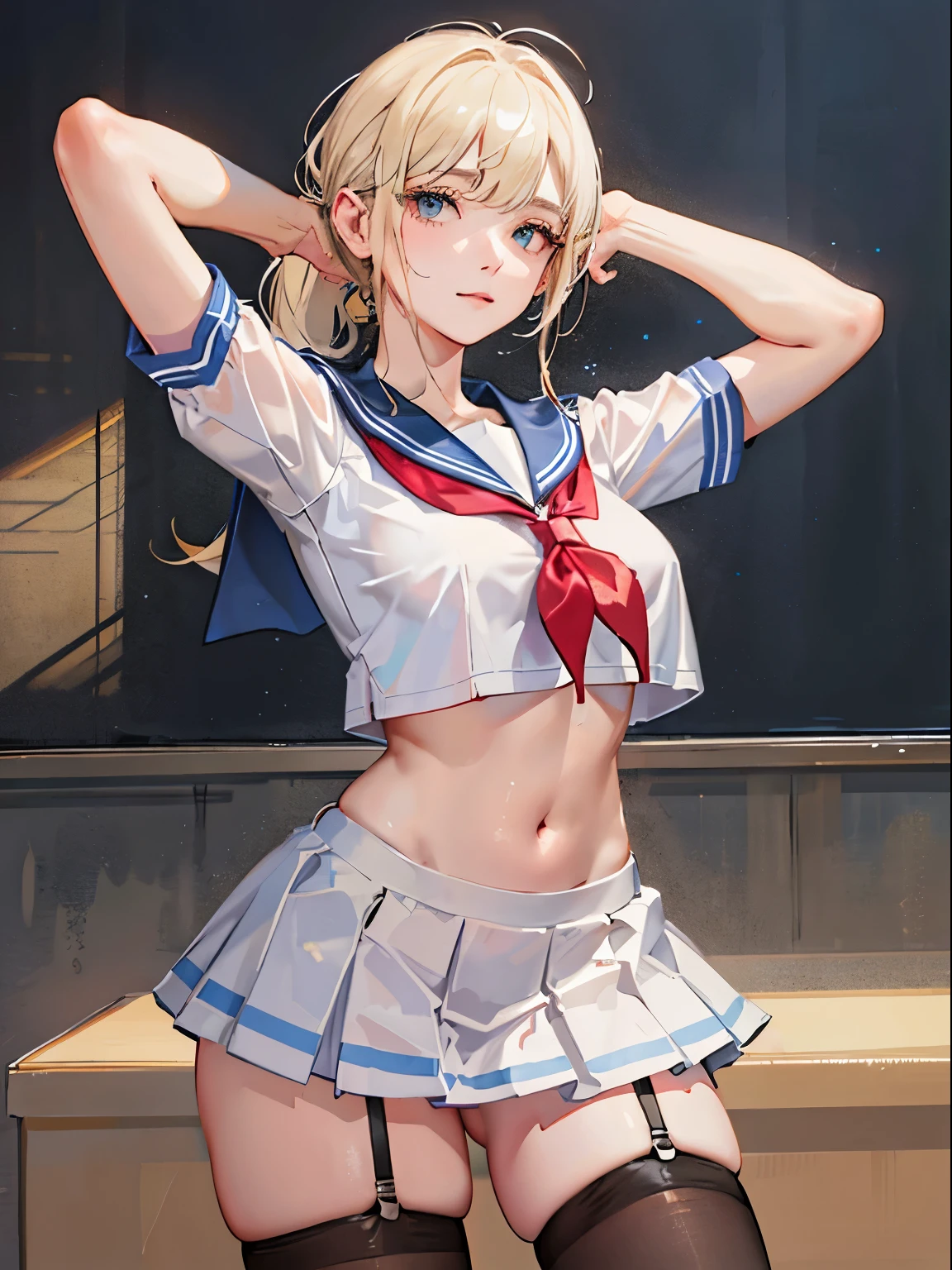 top-quality、realistic touch,high-detail、photoRealstic、thin-waist、captive beauty、big eye、solid platinum-blonde eyelashes、platinum-blonde、full body Esbian、Sparkling eyes, cheeks flushed、thin-waist、In the classroom of  the school、She is in estrus、a sailor suit、cocky expression、Super short skirt with V-line visible、Sleeveless、Navel look、small tits、Ponytail hair style、a sailor suit that is extremely short in length、Black thigh socks、Colossal tits、big butts、Camera angle from below、Big breasts visible between uniform and stomach、