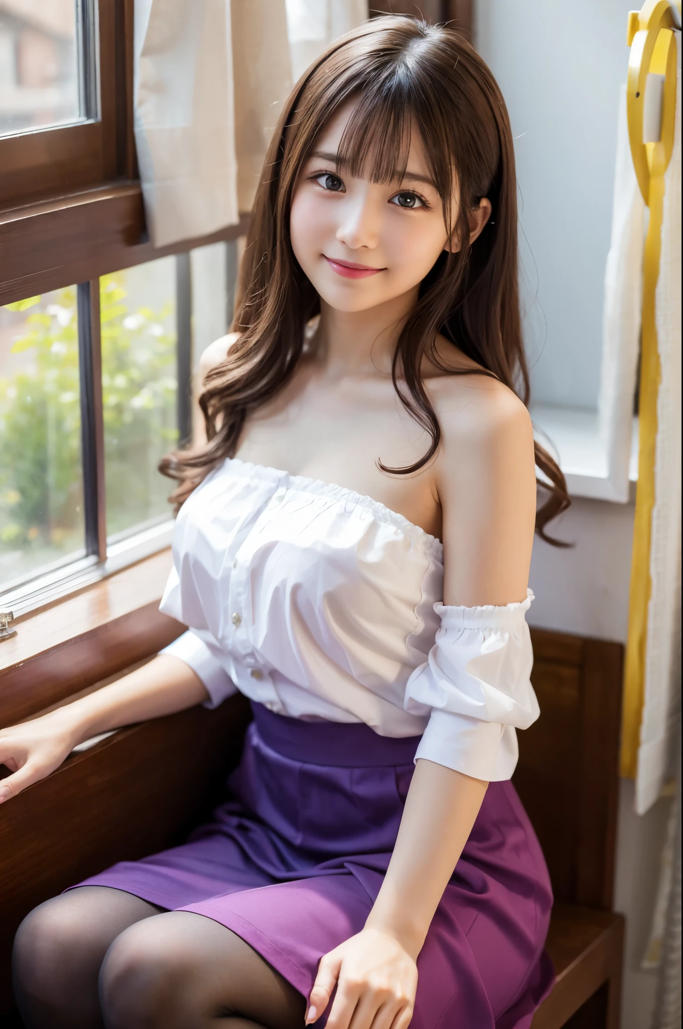 (top-quality, 超A high resolution, a picture, intricate detailes), one girls, japanes, cute little, tiny chest, reallistic、((Keep previous face、Maintain the previous body shape、Keep the previous hairstyle))、((Correct form)),flat breast、Open your mouth wide to the maximum、Take your eyes off the camera、Office Uniform、wearing a vest、Clothes come off、Exposing the chest、sitting on、Skirt flips up、I see underwear