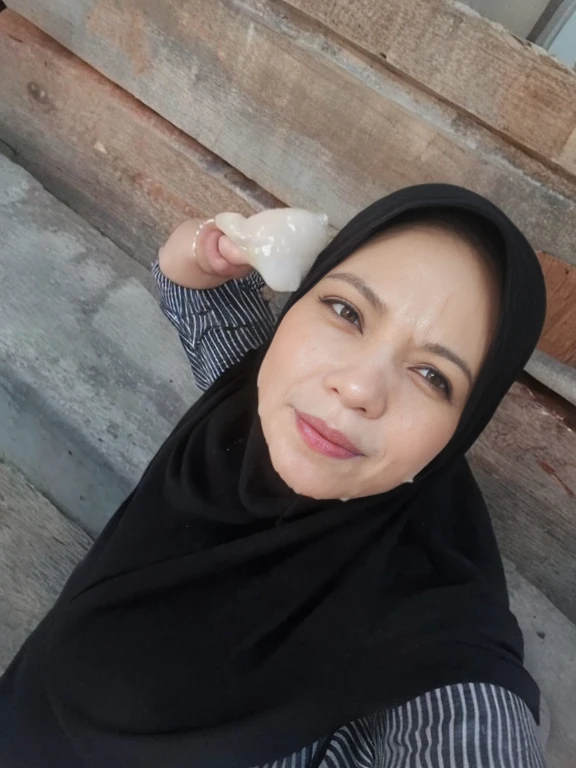 60-year-old, hijab, bed, huge boobs, big nipples, lots of sperm all over her body