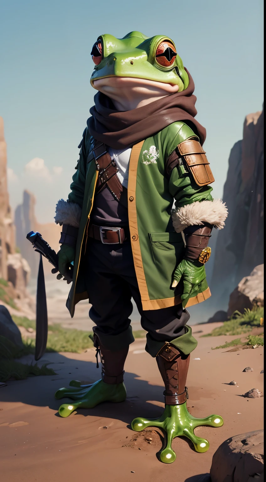 humanoid frog, Little,mercenary,  in clothes, in fantasy