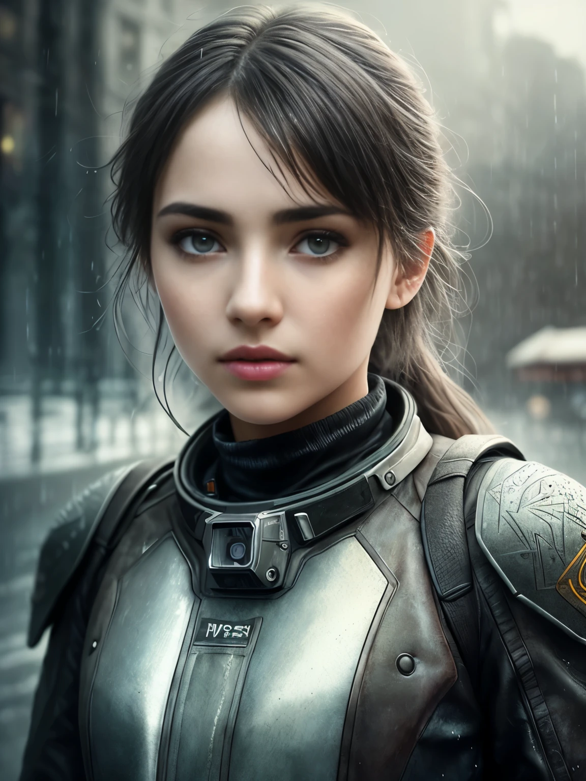 portrait photography by Ana de Armas, detailed rain, damp skin, freezing, masterpiece (beautiful detailed eyes:1.1), best quality, illustration, (detailed lighting: 1.2), (beautiful detailed glow: 1.3), leather clothing, deep neckline, dirty, complex, digital painting, smooth, clear focus, end of the world, epic realism, (hdr:1.4), (muted colors:1.4), apocalypse, abandoned, neutral colors, night, refractions of screen space (complex details,  hyperdetail: 1.3), art station, cinematic frame, vignette, complex background, building
