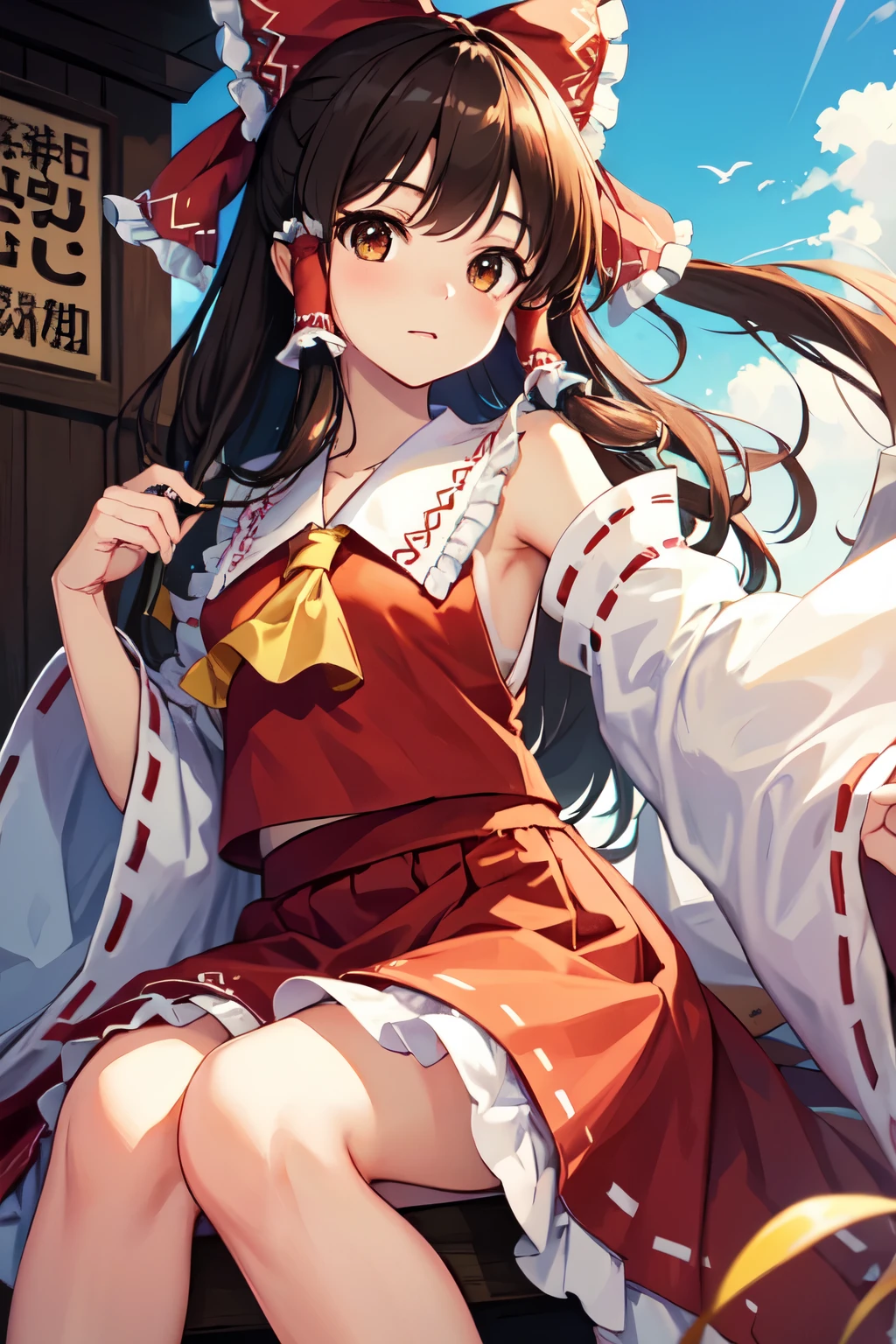 detailed background, masterpiece, best quality, 1girl, hakurei reimu, brown hair, hair tubes, hair ribbon, brown eyes, touhou project