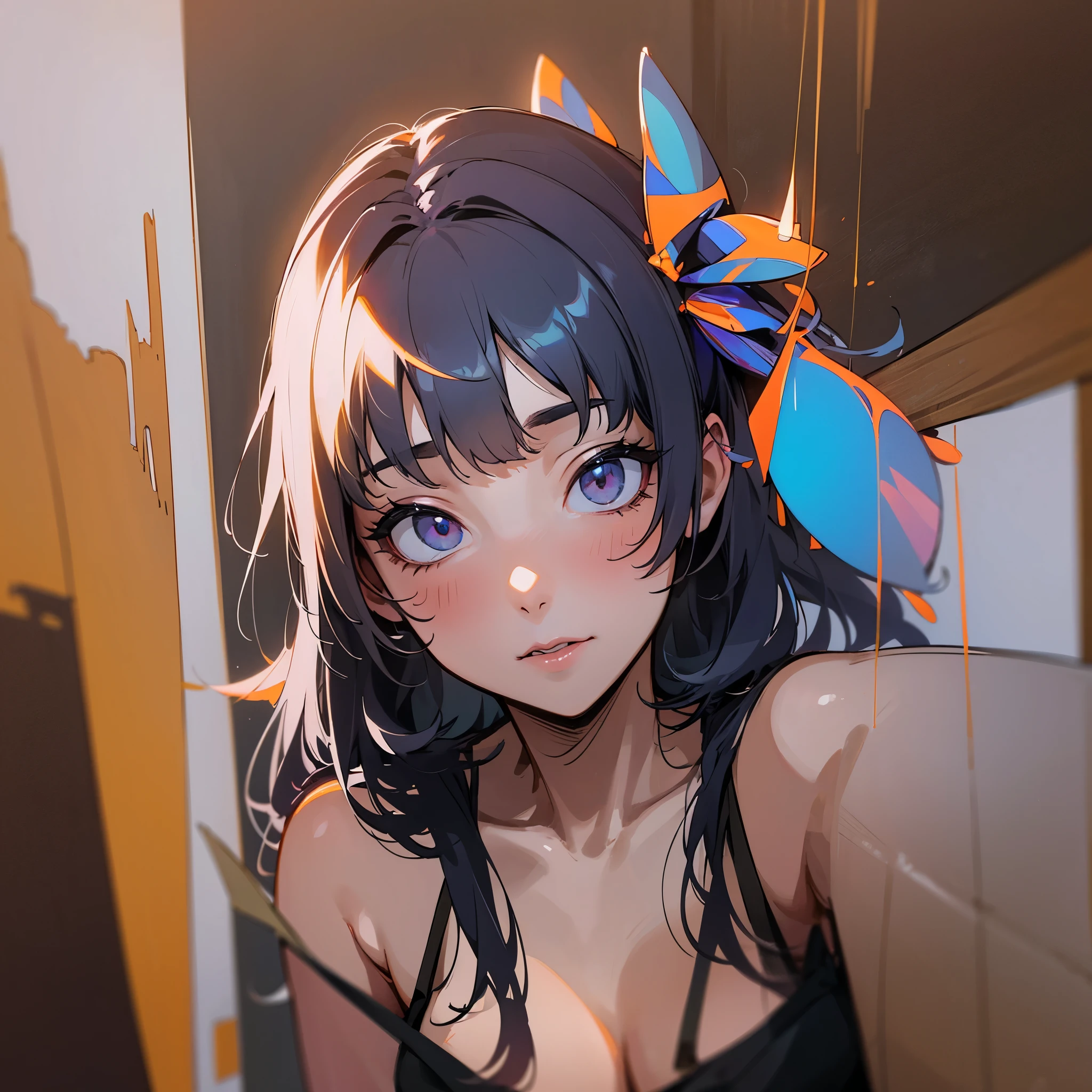 absurderes、masterpiece、top-quality、realisitic、Hyper-detailing、(skin gloss、Sweatiness:1.4)、(One Woman、Hair is soaked、hyperdetailed body、hyperdetailed face)、(Upper body naked、Panties underneath)、(Thigh:0.5)、动态照明、hight resolution、foco nítido、depth of fields、((small tits、very slender body、thin neck、skinny thigh)),(open open mouth、Stick out your tongue、red blush、embarassed expression、Staring at the viewer)、(Gonzo、Half body shot)、(inside in room、Background blur),