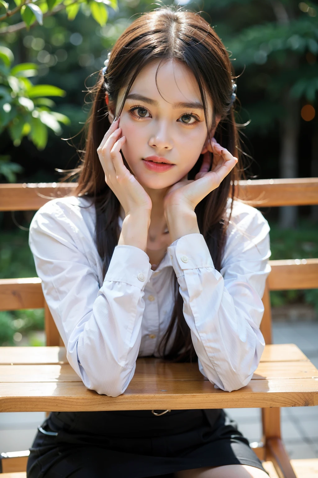 ((Best quality at best)), ((tmasterpiece)), (detailed), The background is an outdoor chair,natural face,Several people are listening carefully,long sleeve work uniform