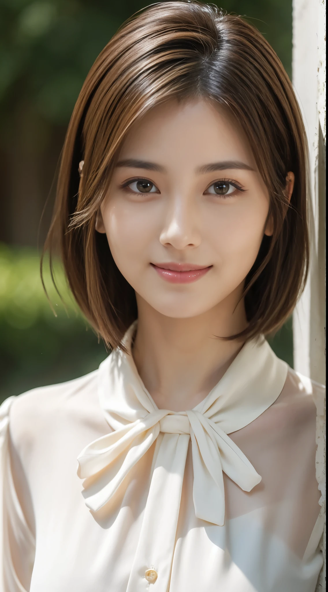 (Raw photography), (Photorealsitic), (masterpiece), (top-quality), hight resolution, 64k resolution, (intricate detailes), (volumatic light), portlate, femele, 40 years, short-hair, straight haired, Layered hair, brown haired, extremely detailed eye, Sauce order, Highly detailed eyebrows, highlydetailed skin, highly detail mouth, highly detailed nose, cute like an idol, Happy smile, ((thick lips)), ((Look at viewers)), (Classy blouse),bust shot,