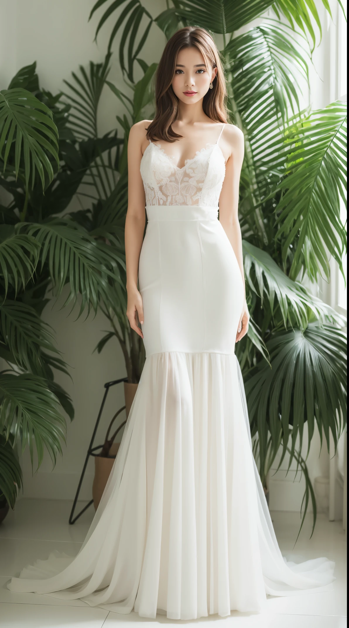 Best quality, 8k, 32k, Masterpiece, Masterpiece, (Photorealistic: 1.4), RAW photo, ultra realistic, 1girl,Wearing a white mermaid wedding dress, tulle fabric, full length view, pose in white room with indoor decorative palm tree, Stand upright