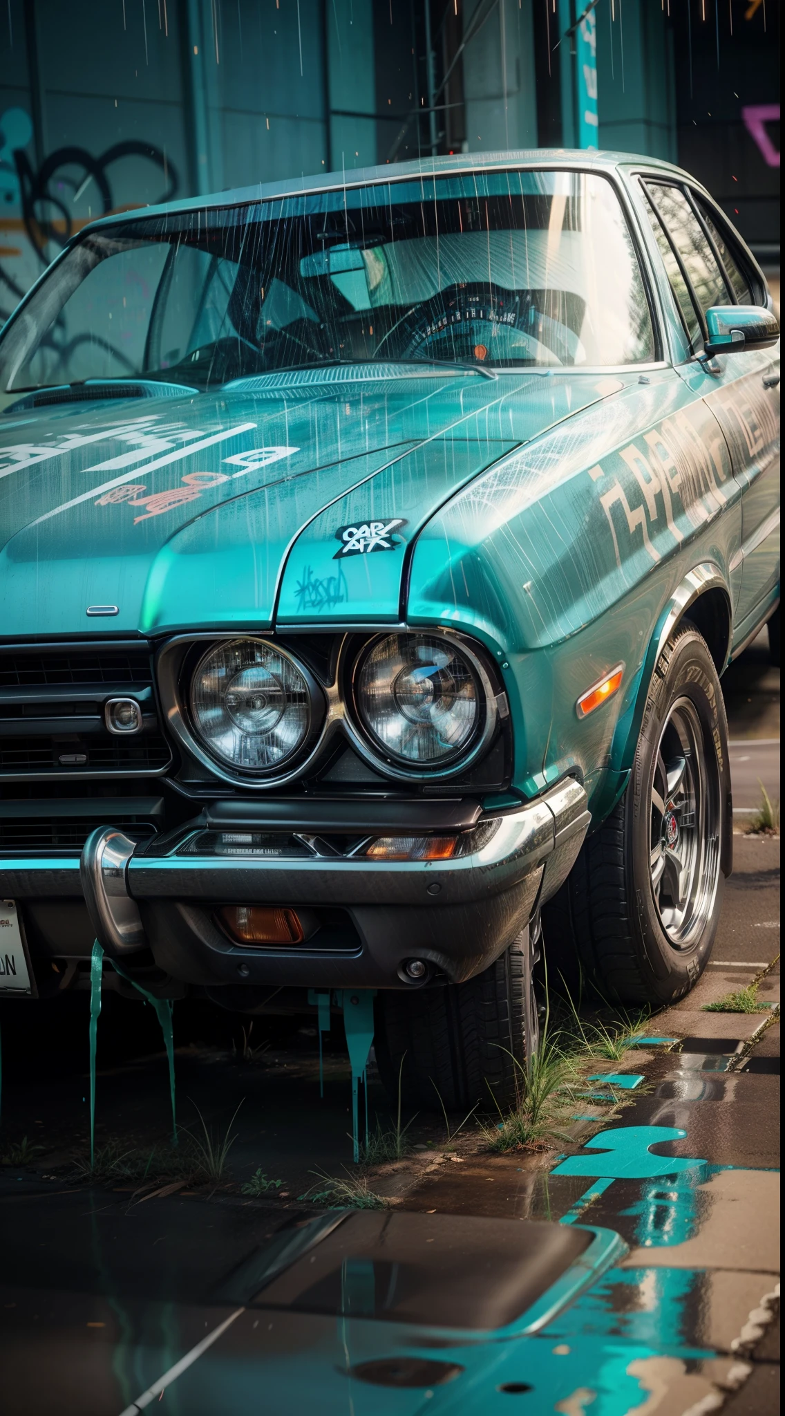 a close up of a car with graffiti on the hood and bumper, beeple. hyperrealism, beeple artwork, beeple daily art, dan mumford. octane render, beeple art, beeple |, realism | beeple, dan mumford. 8 k octane render, artgem and beeple masterpiece, beeple masterpiece