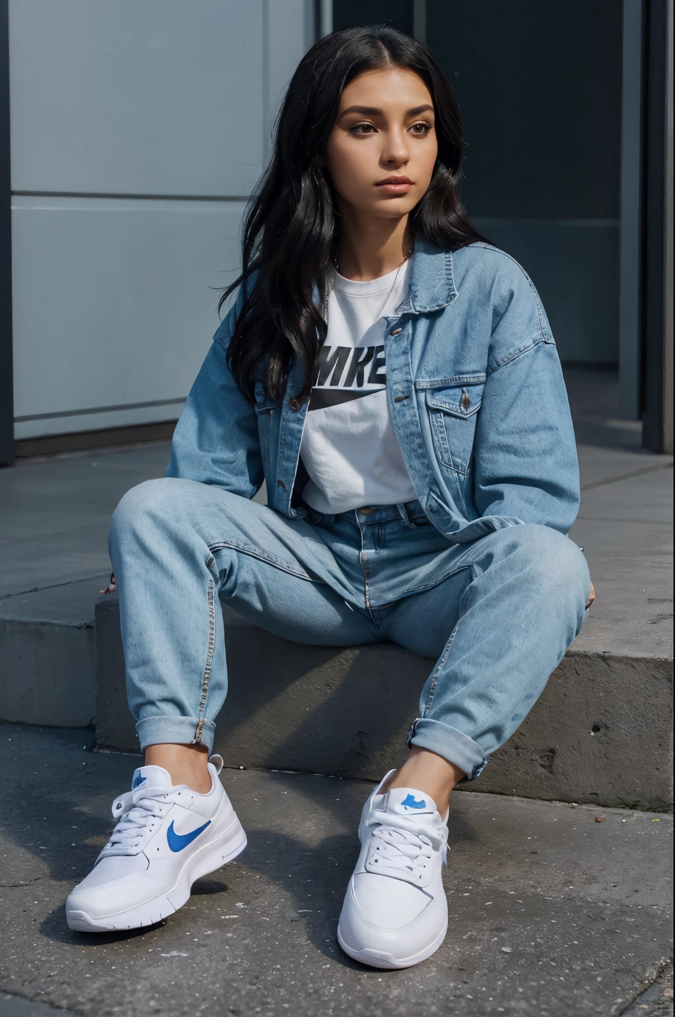 Create a 3D illustration of an animated dark female character sitting casually on top of a social media logo “whatsapp”. The character must wear casual modern clothing such as jeans jacket and Nike air white color sneakers shoes. The background of the image is a social media profile page with a user name “Queen Sparkle” and a profile picture that match.