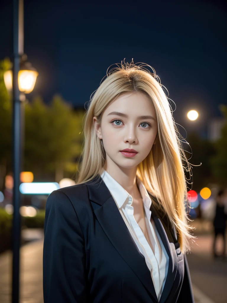 tmasterpiece，Highest image quality，super detailing，(1 Sister), The beautiful, amazing face and eyes, Cosmetics for a refined and beautiful face), (The best look), (The beautiful大胸:1.1), (Best quality at best:1.4), (ultra - detailed), (extremely detaild的 CG unified 8k wallpapers), Very meticulous, RAW photogr, professional photoshooting, ((buisness suit)),  (Open business shirt),blond hair blue eyes，Outdoor sports, (down town, nightcity, rays of moonlight), (nigh sky), depth of fields,Accurate depiction，