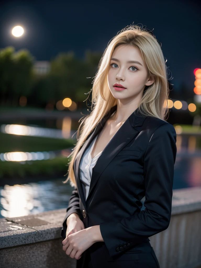 tmasterpiece,Highest image quality,super detailing,(1 Sister), The beautiful, amazing face and eyes, Cosmetics for a refined and beautiful face), (The best look), (The beautiful大胸:1.1), (Best quality at best:1.4), (ultra - detailed), (extremely detaild的 CG unified 8k wallpapers), Very meticulous, RAW photogr, professional photoshooting, ((buisness suit)), (Open business shirt),blond hair blue eyes,Outdoor sports, (down town, nightcity, rays of moonlight), (nigh sky), depth of fields,Accurate depiction,